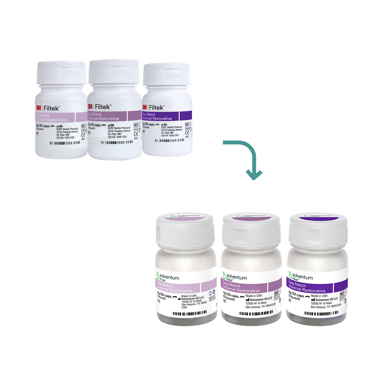 Transition to Solventum™ Filtek™ Easy Match Universal Restorative, Bright, Natural, and Warm Capsule Bottle Shades - Front, Center, Out of Packaging (1C0)