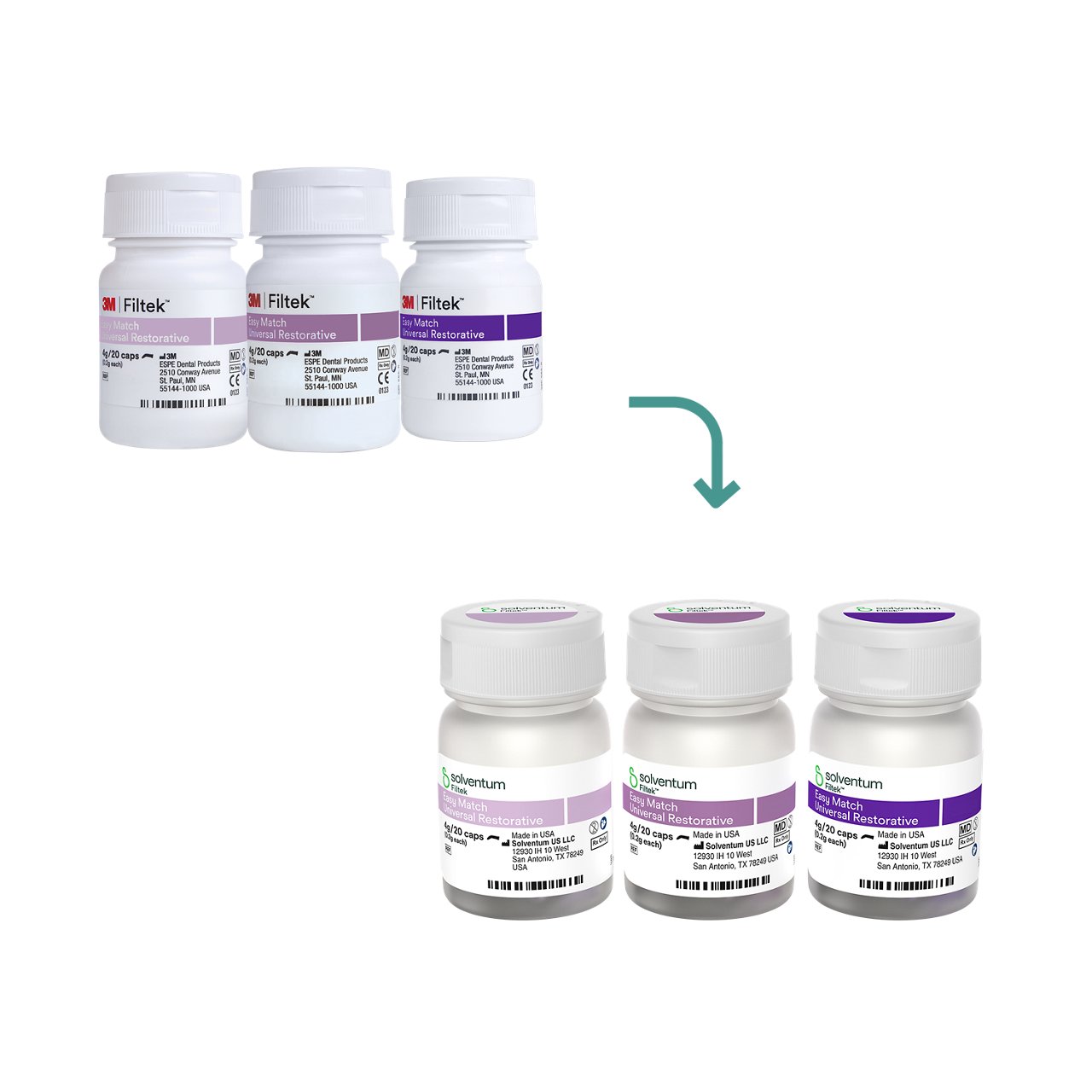 Product image on transparent background for Transition to Solventum™ Filtek™ Easy Match Universal Restorative, Bright, Natural, and Warm Capsule Bottle Shades - Front, Center, Out of Packaging (1C0)