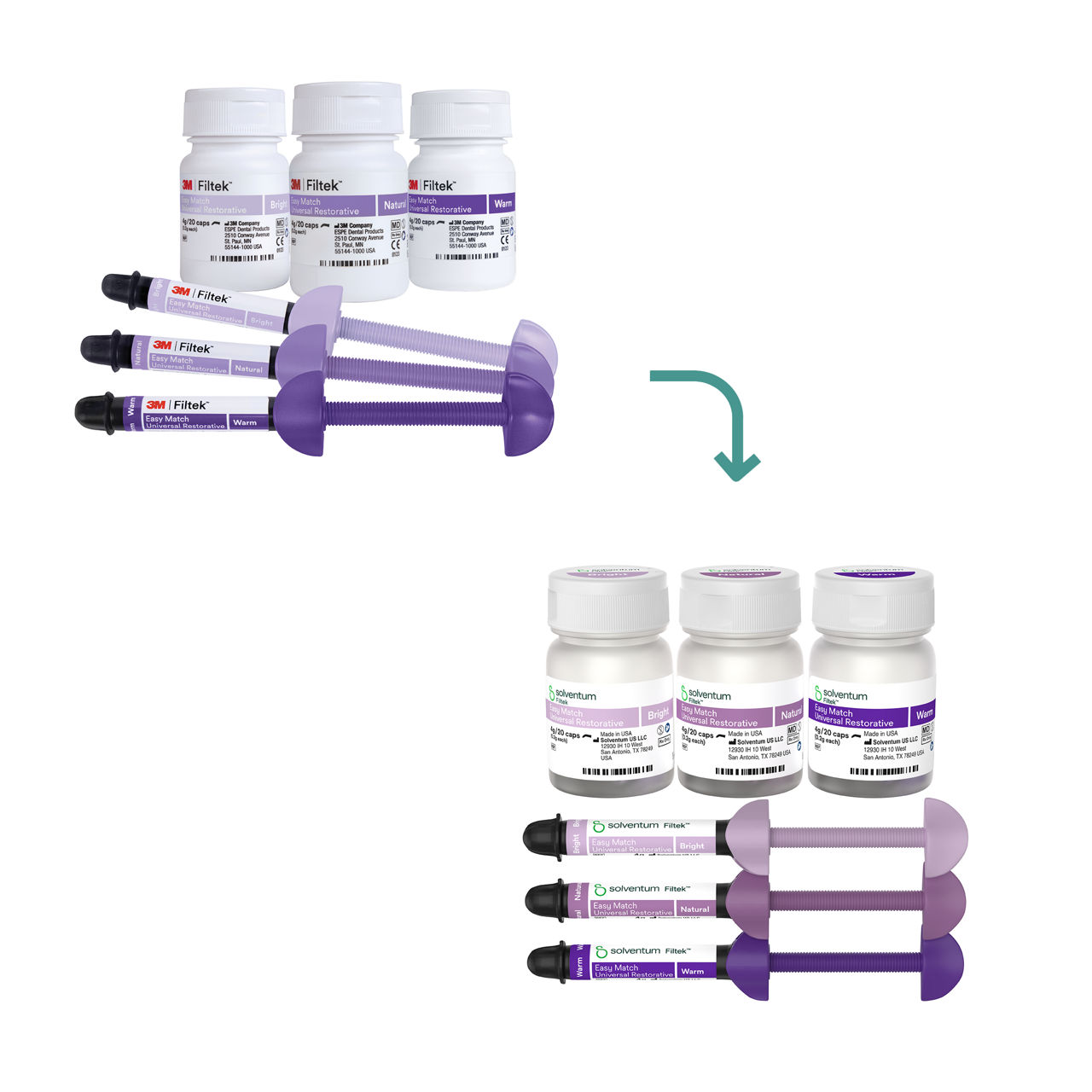 Transition to Solventum™ Filtek™ Easy Match Universal Restorative, Bright, Natural, and Warm Syringe and Capsule Bottle Shades - Front, Center, In Packaging (1C1)