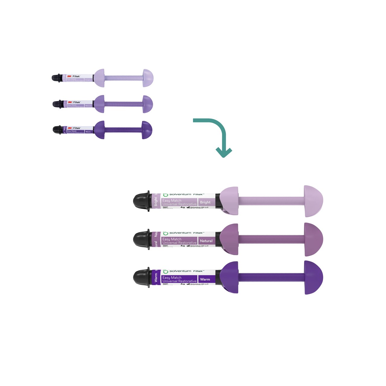 Product image on transparent background for Transition to Solventum™ Filtek™ Easy Match Universal Restorative, Bright, Natural, and Warm Syringe Shades - Front, Center, Out of Packaging (1C0)