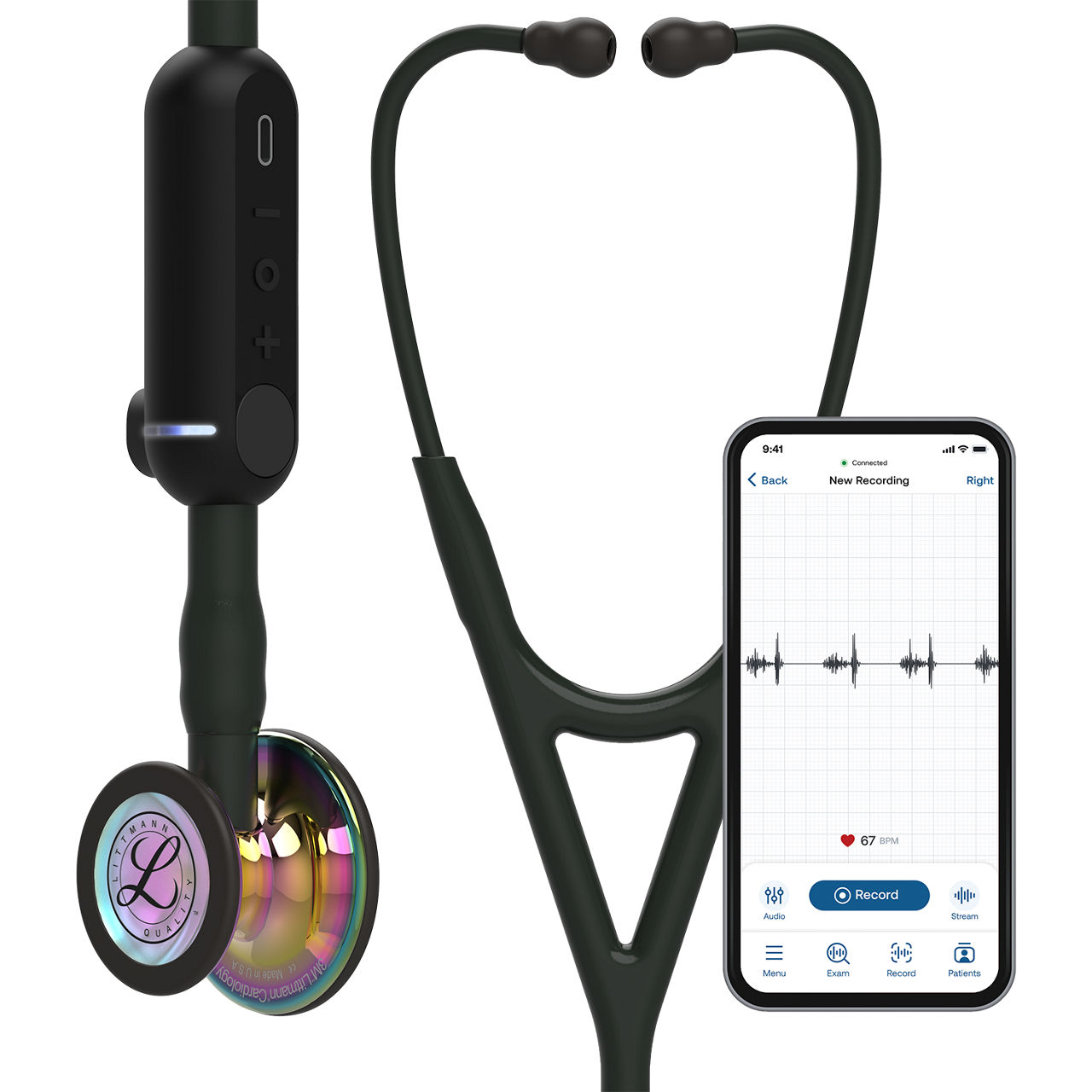 3M™ Littmann® CORE Digital Stethoscope, 8570, High Polish Rainbow-finish Chestpiece, Black Tube