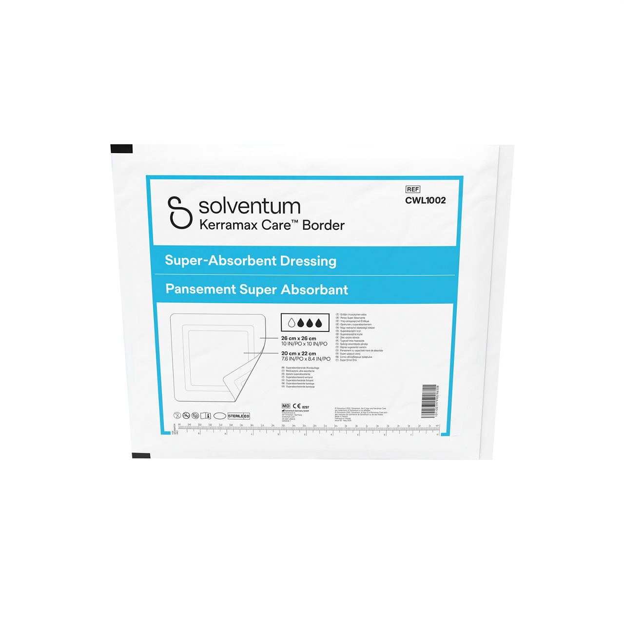 Solventum™ Kerramax Care™ Border Dressing, CWL1002, 10 in x 10 in  (26 cm x 26 cm), 5/CAR, 25 CAR/CS, 125/CS - Front, Center, Out of Packaging (1C0)