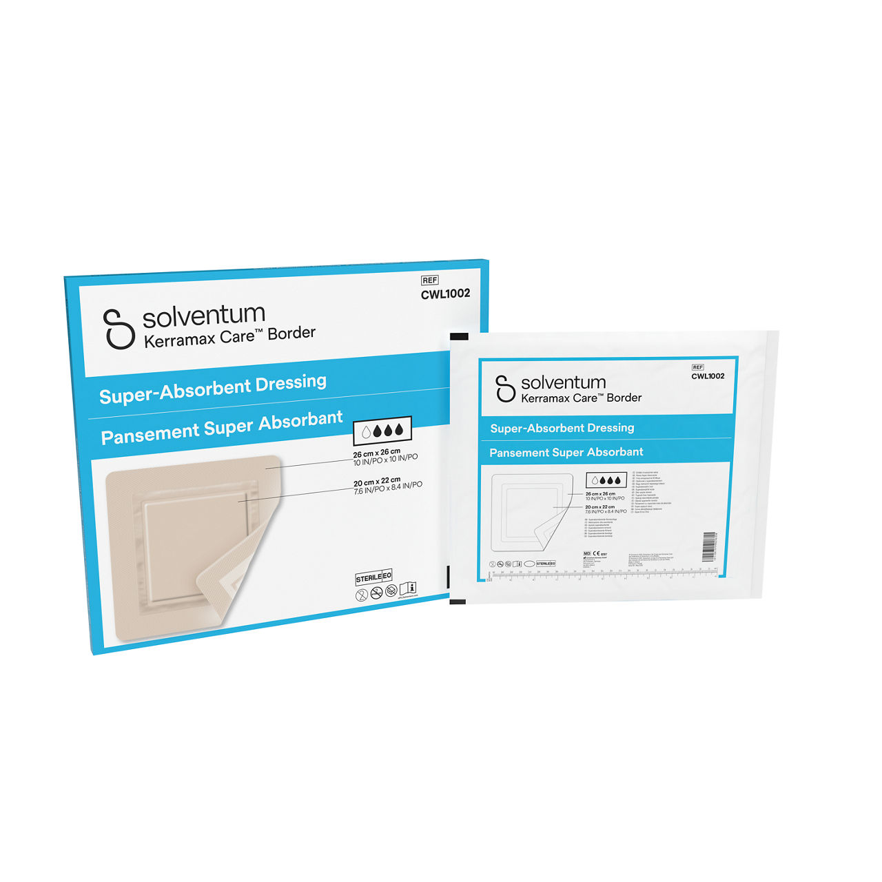 Solventum™ Kerramax Care™ Border Superabsorberende bandasje, CWL1002, 26 cm x 26 cm (10 in x 10 in), Pad - 20 cm x 22 cm, 5/CAR