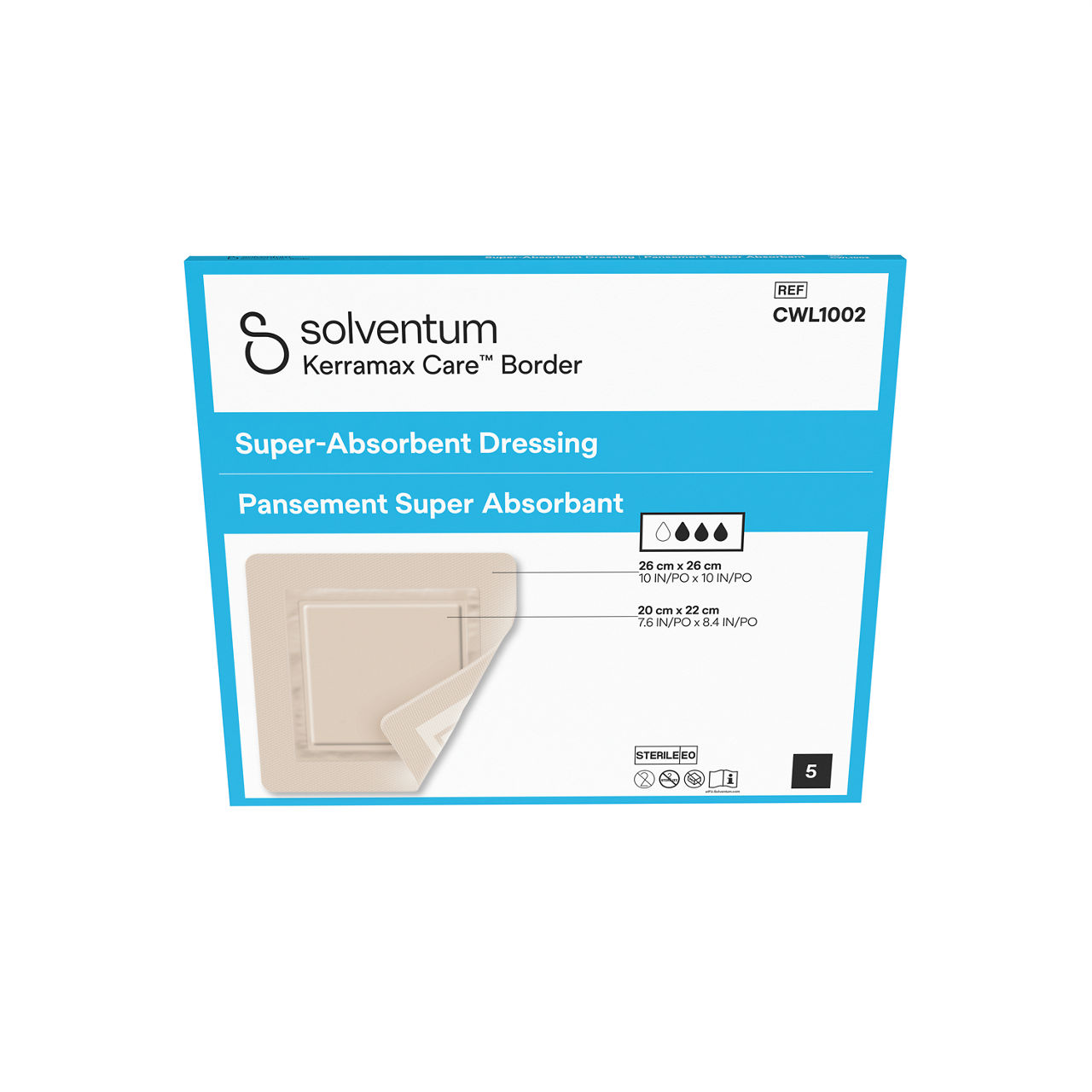 Solventum™ Kerramax Care™ Border Dressing, CWL1002, 10 in x 10 in  (26 cm x 26 cm), 5/CAR, 25 CAR/CS, 125/CS - Front, Center, In Packaging (1C1)