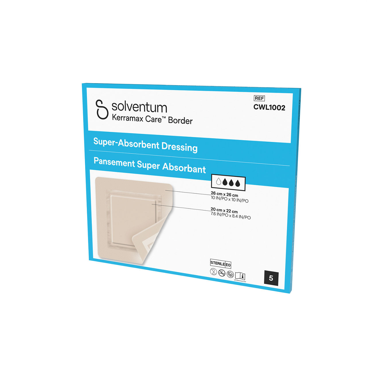 Solventum™ Kerramax Care™ Border Dressing, CWL1002, 10 in x 10 in  (26 cm x 26 cm), 5/CAR, 25 CAR/CS, 125/CS - Front, Right, In Packaging (1R1)