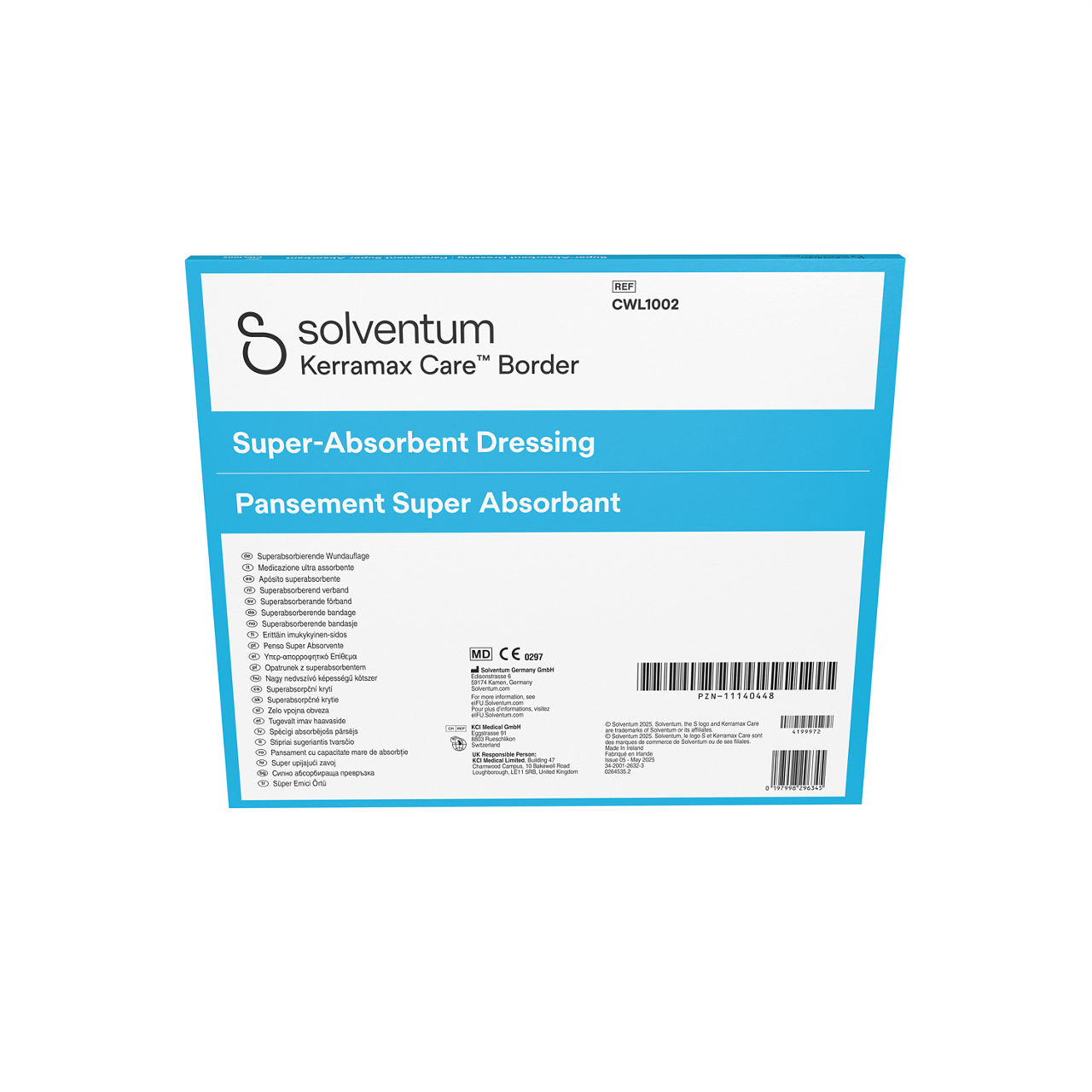 Solventum™ Kerramax Care™ Border Dressing, CWL1002, 10 in x 10 in  (26 cm x 26 cm), 5/CAR, 25 CAR/CS, 125/CS - Back, Center, In Packaging (7C1)
