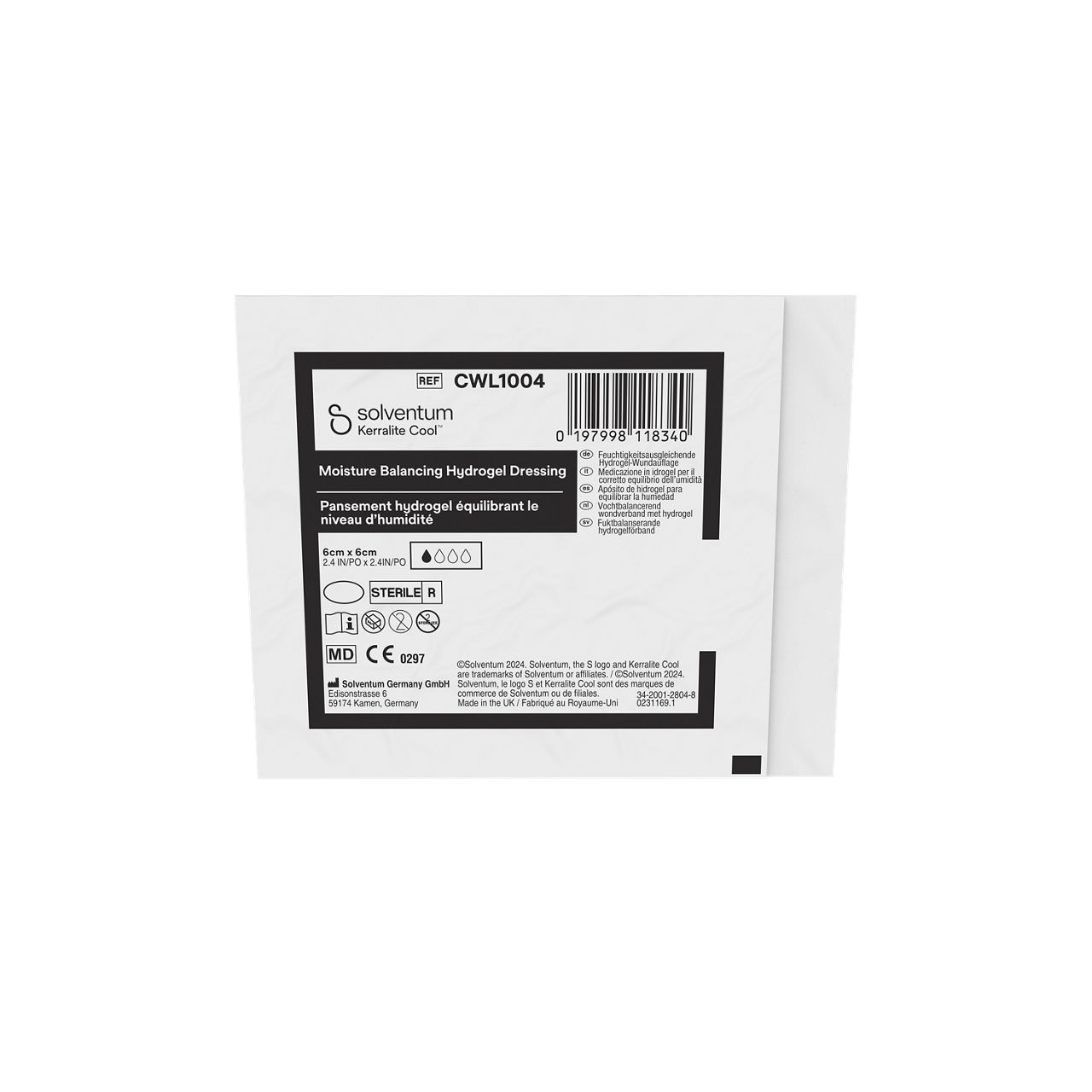 Solventum™ Kerralite Cool™ Moisture Balancing Hydrogel Dressing, CWL1004, 2 in x 2 in (5 cm x 5 cm), 5/CAR, 114 CAR/CS - Front, Center, Out of Packaging (1C0)