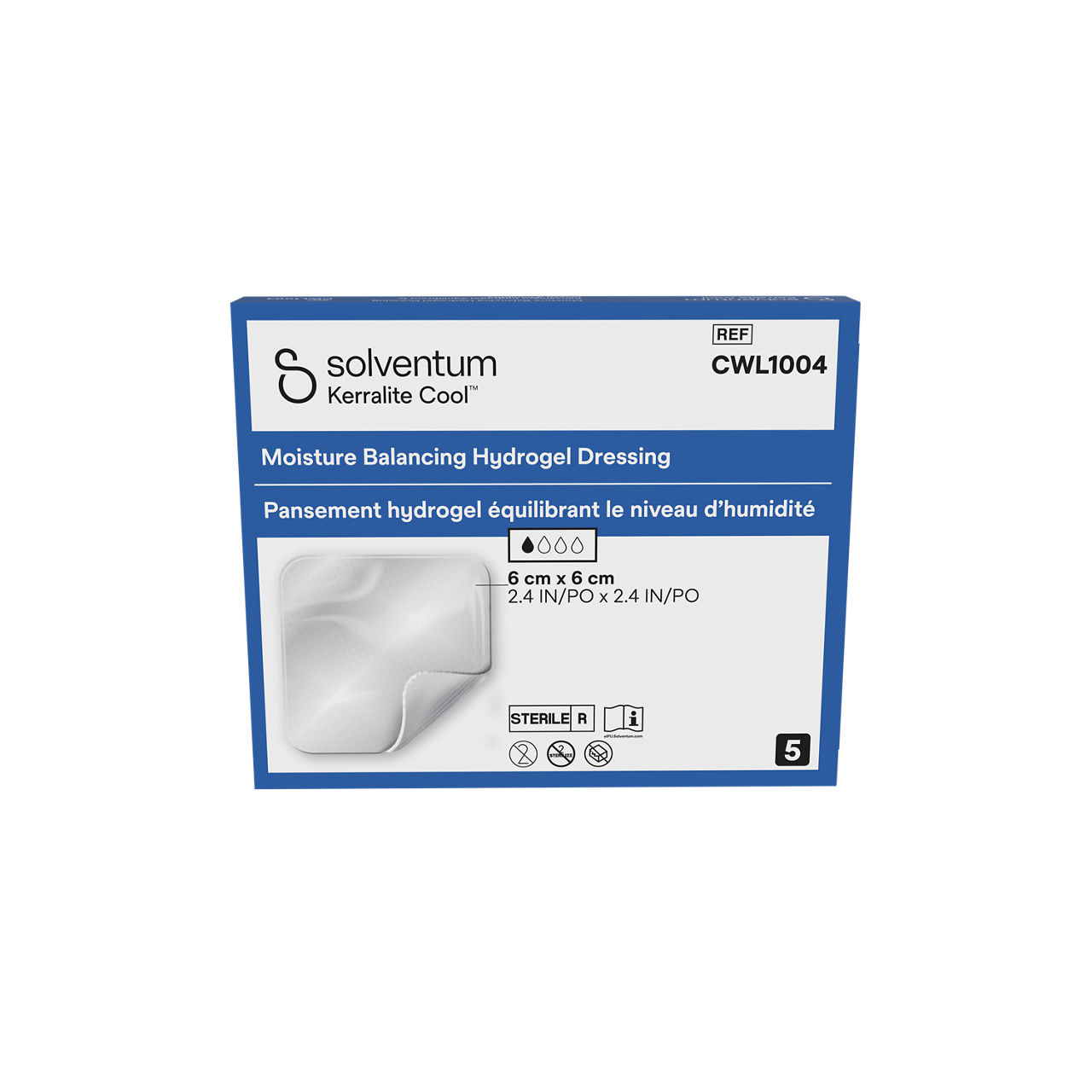 Solventum™ Kerralite Cool™ Moisture Balancing Hydrogel Dressing, CWL1004, 2 in x 2 in (5 cm x 5 cm), 5/CAR, 114 CAR/CS - Front, Center, In Packaging (1C1)