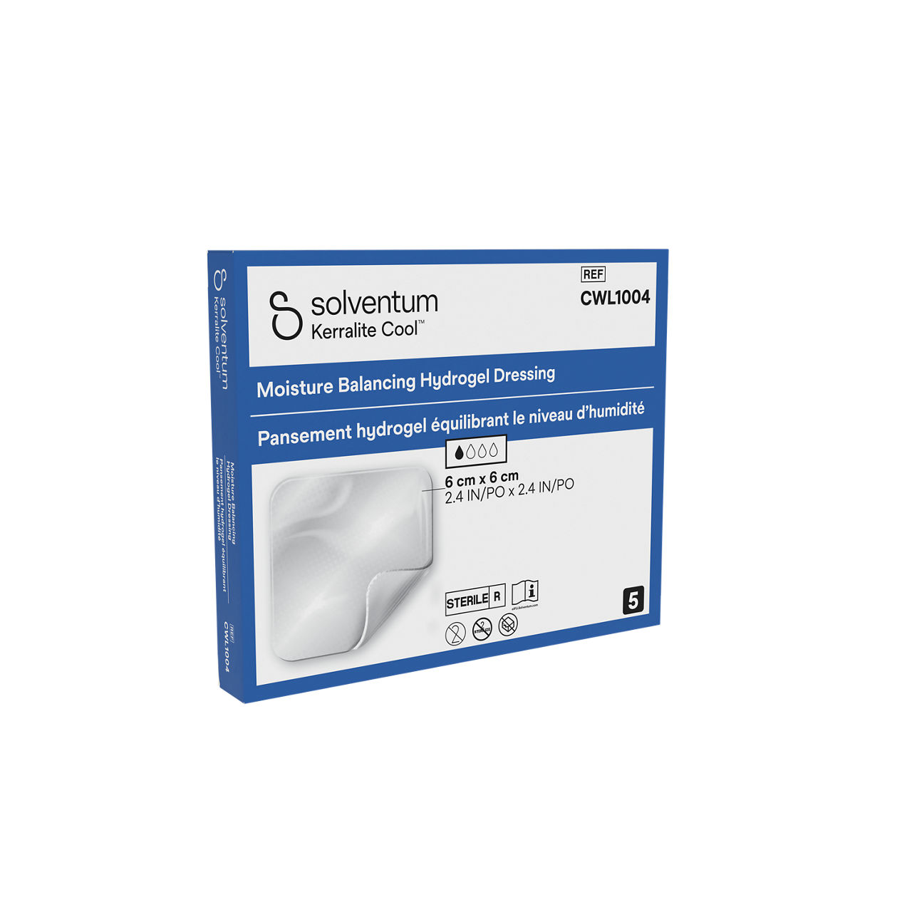 Solventum™ Kerralite Cool™ Moisture Balancing Hydrogel Dressing, CWL1004, 2 in x 2 in (5 cm x 5 cm), 5/CAR, 114 CAR/CS - Front, Left, In Packaging (1L1)