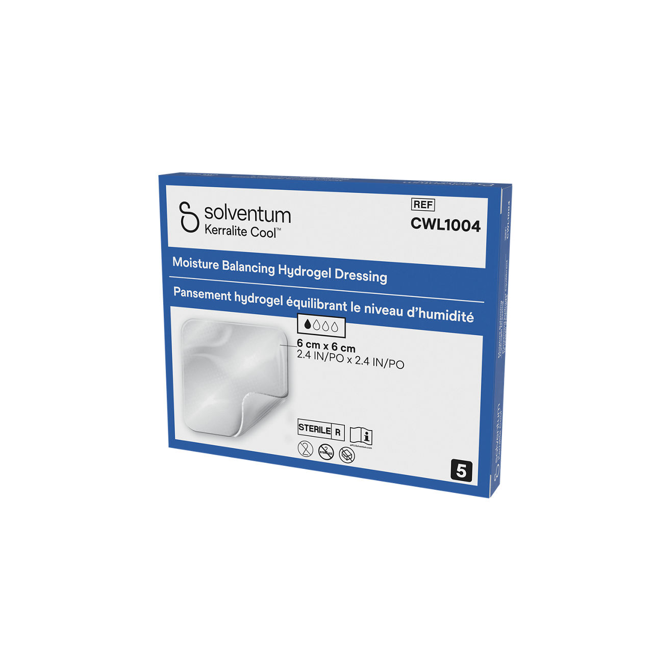 Solventum™ Kerralite Cool™ Moisture Balancing Hydrogel Dressing, CWL1004, 2 in x 2 in (5 cm x 5 cm), 5/CAR, 114 CAR/CS - Front, Right, In Packaging (1R1)