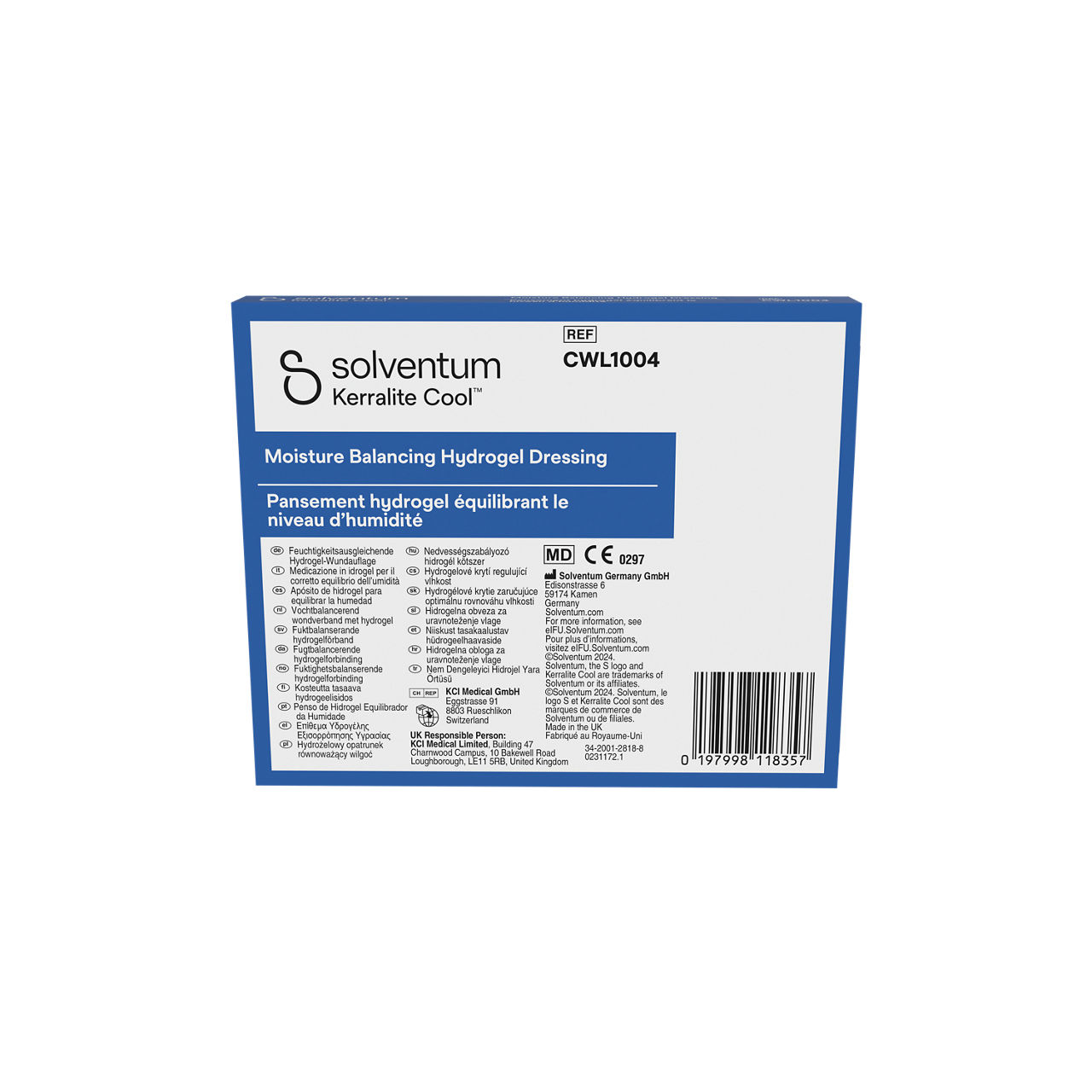 Solventum™ Kerralite Cool™ Moisture Balancing Hydrogel Dressing, CWL1004, 2 in x 2 in (5 cm x 5 cm), 5/CAR, 114 CAR/CS - Back, Center, In Packaging (7C1)