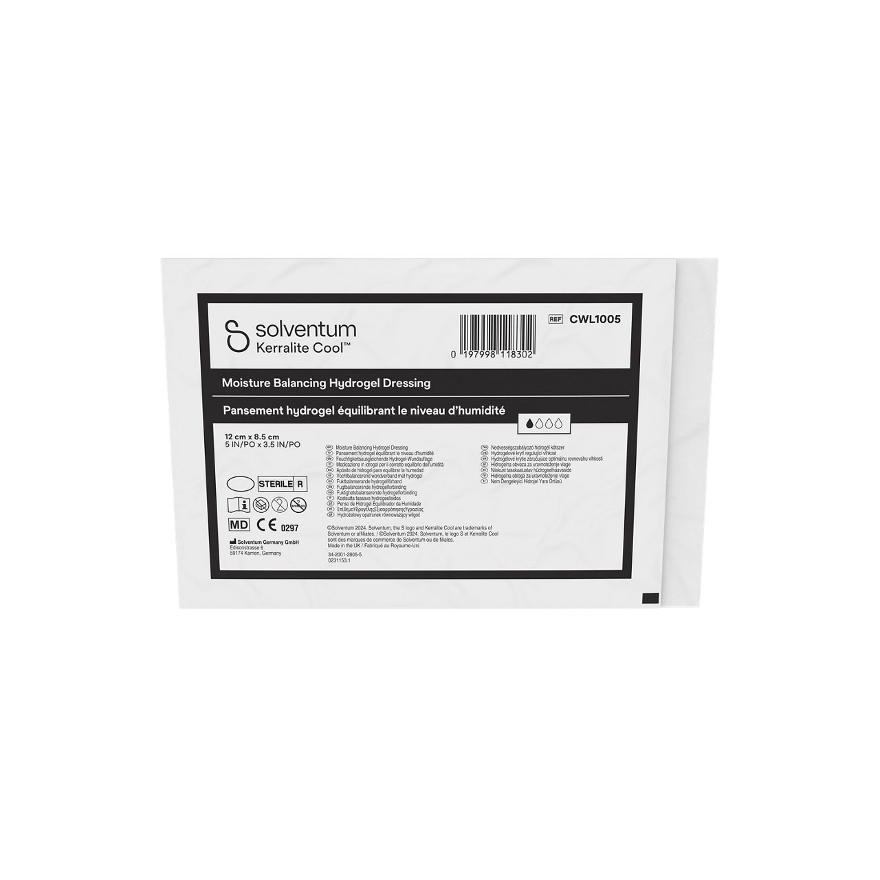 Solventum™ Kerralite Cool™ Moisture Balancing Hydrogel Dressing, CWL1005, 5 in x 3.5 in, 5/CAR, 62 CAR/CS - Front, Center, Out of Packaging (1C0)