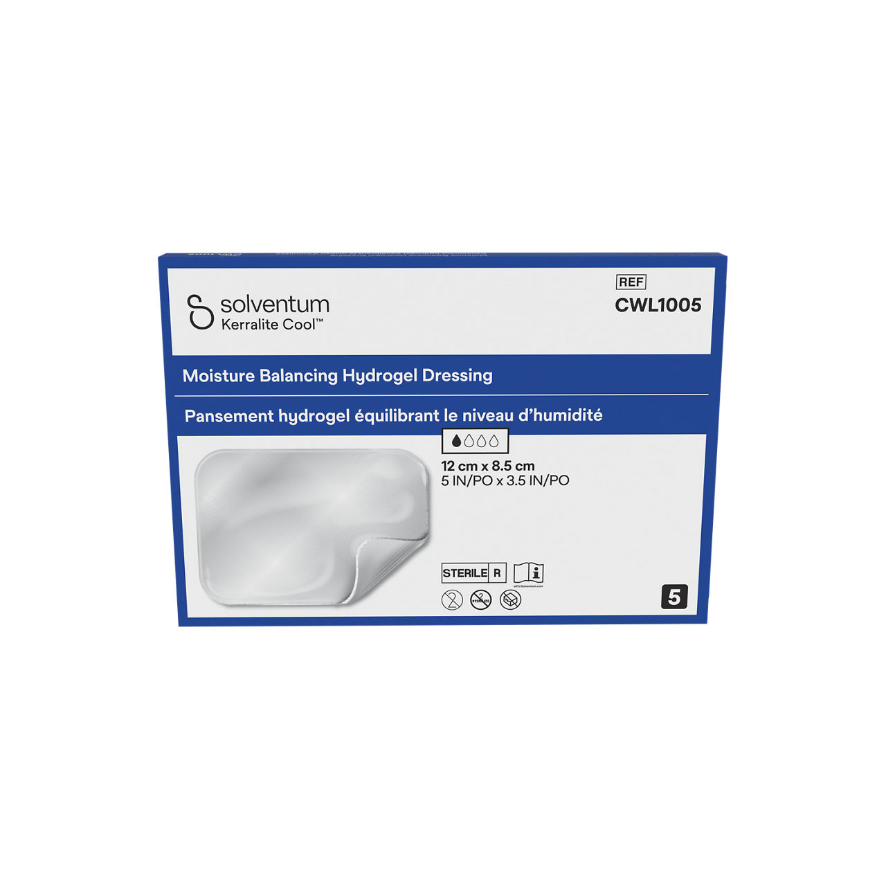 Solventum™ Kerralite Cool™ Moisture Balancing Hydrogel Dressing, CWL1005, 5 in x 3.5 in, 5/CAR, 62 CAR/CS - Front, Center, In Packaging (1C1)