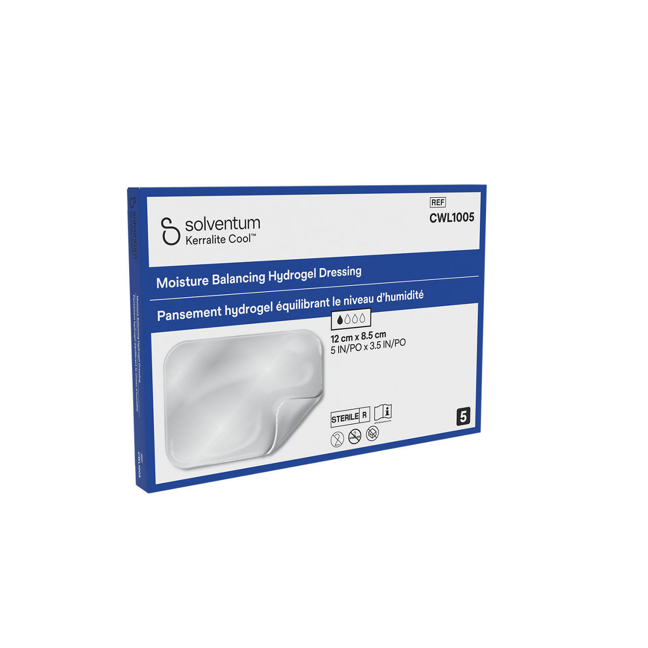 Solventum™ Kerralite Cool™ Moisture Balancing Hydrogel Dressing, CWL1005, 5 in x 3.5 in, 5/CAR, 62 CAR/CS - Front, Left, In Packaging (1L1)