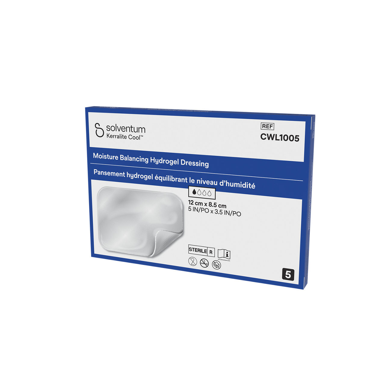 Solventum™ Kerralite Cool™ Moisture Balancing Hydrogel Dressing, CWL1005, 5 in x 3.5 in, 5/CAR, 62 CAR/CS - Front, Right, In Packaging (1R1)