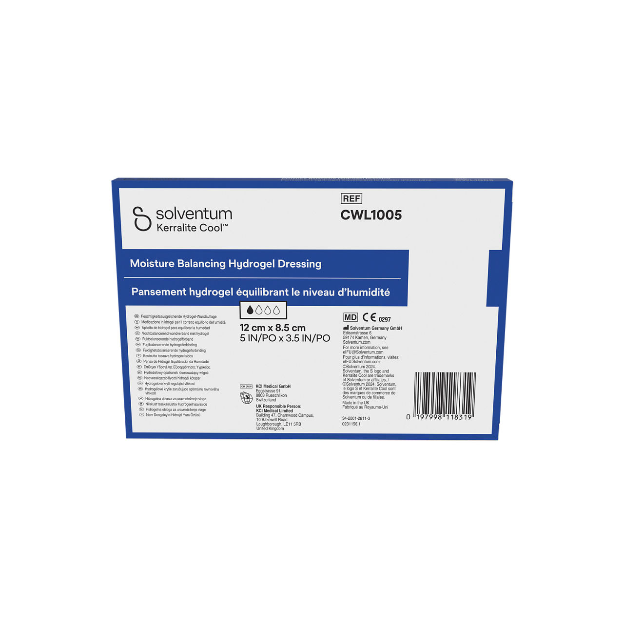 Solventum™ Kerralite Cool™ Moisture Balancing Hydrogel Dressing, CWL1005, 5 in x 3.5 in, 5/CAR, 62 CAR/CS - Back, Center, In Packaging (7C1)