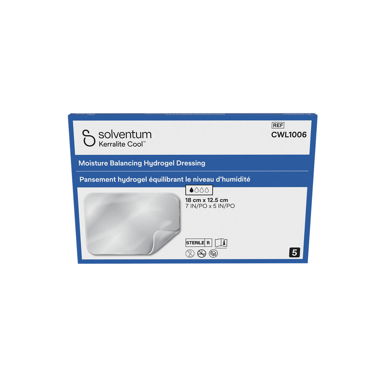 Solventum™ Kerralite Cool™ Moisture Balancing Hydrogel Dressing, CWL1006, 5 in x 7 in, 5/CAR, 40 CAR/CS- Front, Center, In Packaging (1C1)