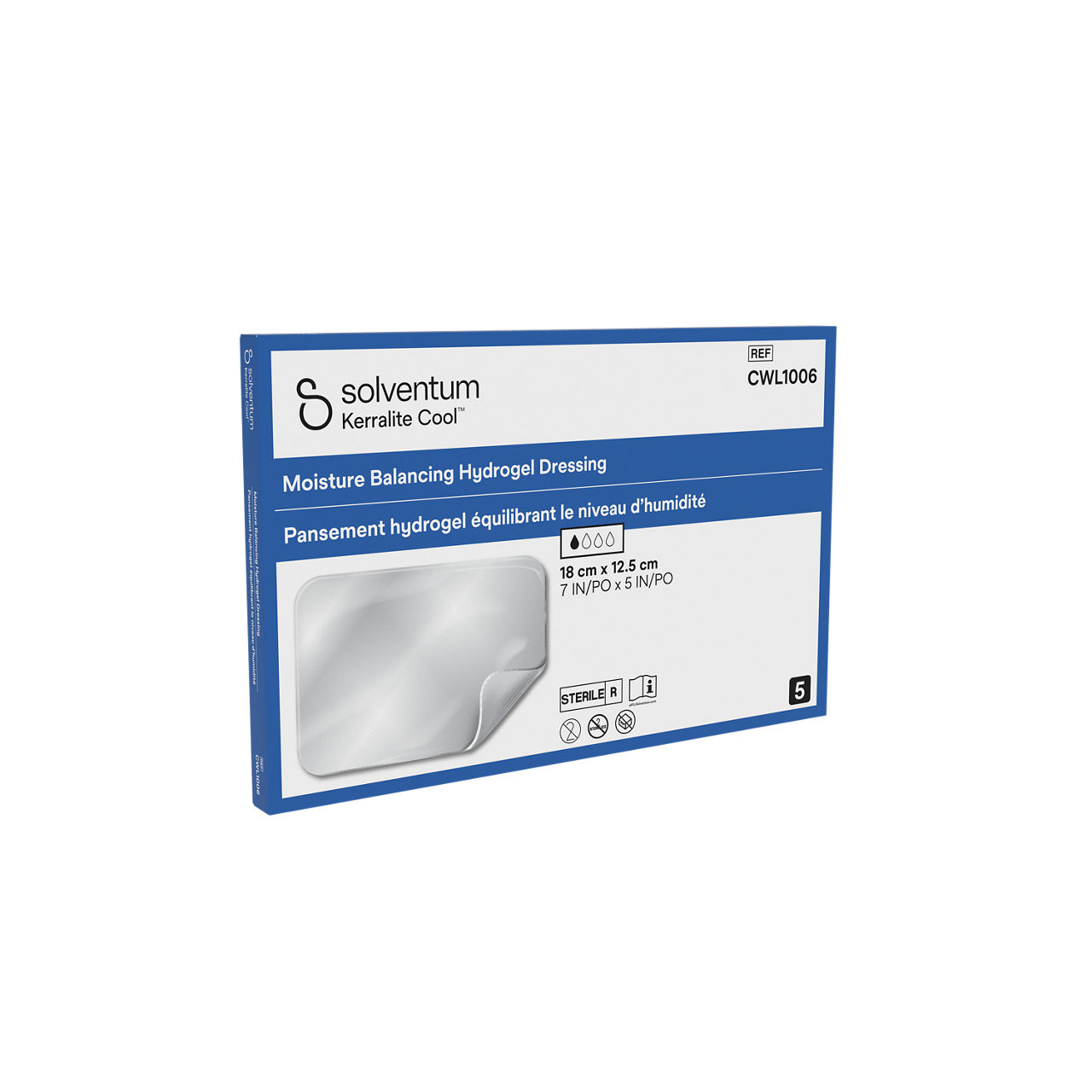 Solventum™ Kerralite Cool™ Moisture Balancing Hydrogel Dressing, CWL1006, 5 in x 7 in, 5/CAR, 40 CAR/CS- Front, Left, In Packaging (1L1)
