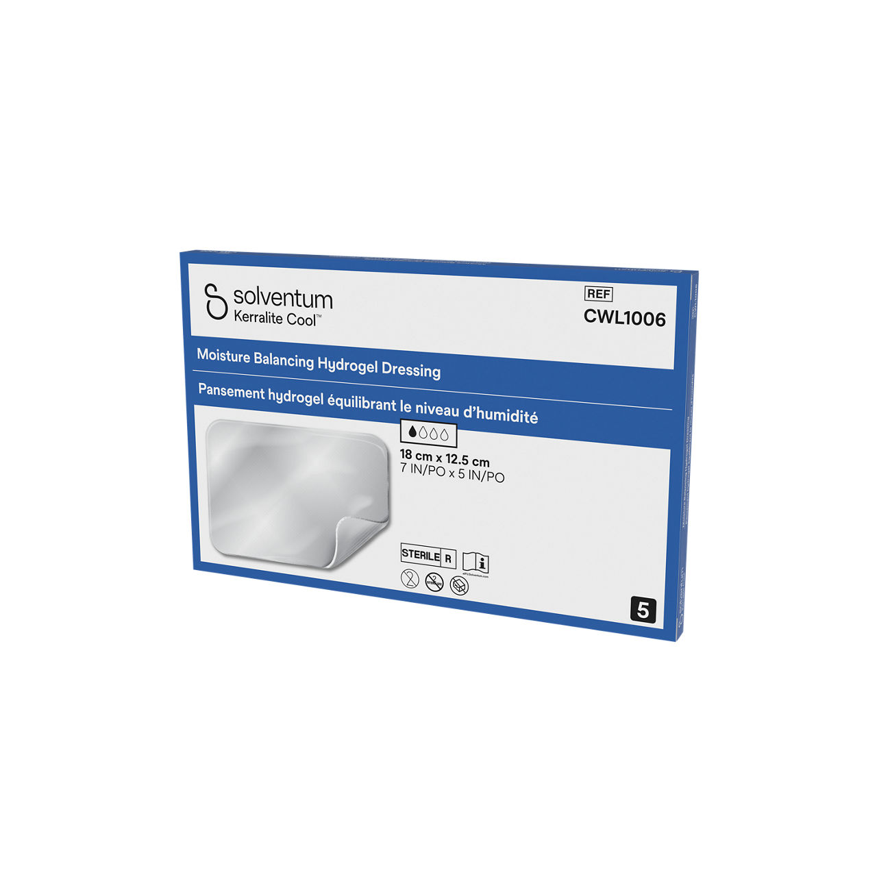 Solventum™ Kerralite Cool™ Moisture Balancing Hydrogel Dressing, CWL1006, 5 in x 7 in, 5/CAR, 40 CAR/CS- Front, Right, In Packaging (1R1)