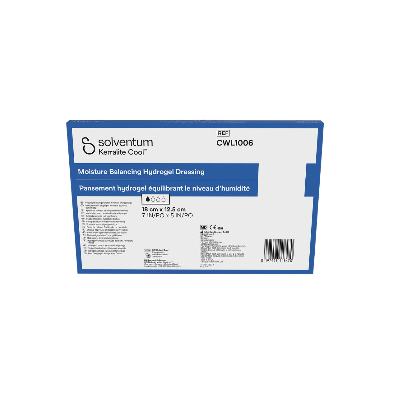 Solventum™ Kerralite Cool™ Moisture Balancing Hydrogel Dressing, CWL1006, 5 in x 7 in, 5/CAR, 40 CAR/CS- Back, Center, In Packaging (7C1)