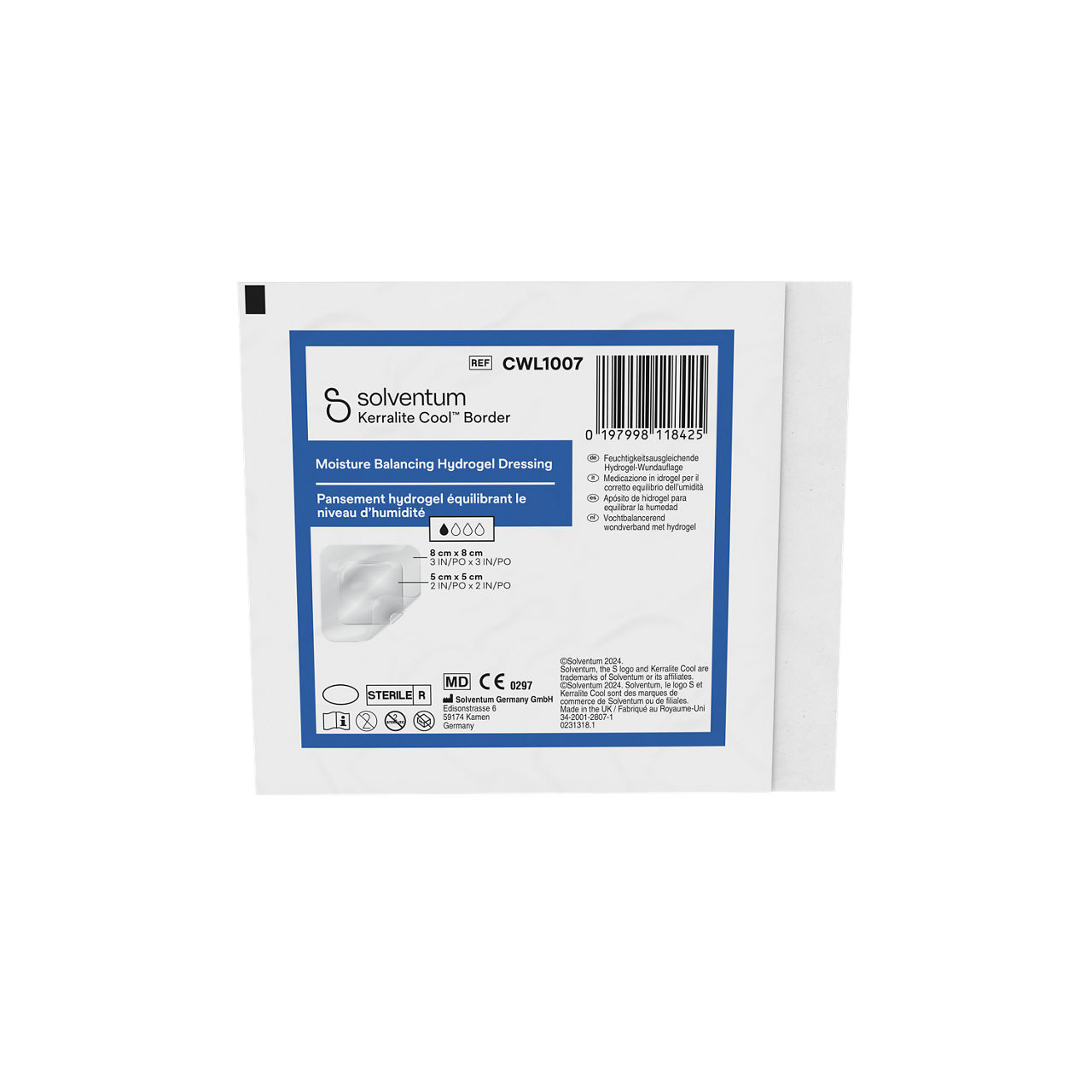 Solventum™ Kerralite Cool™ Border Moisture Balancing Hydrogel Adhesive Dressing, CWL1007, 3 in x 3 in, 5/CAR, 104 CAR/CS- Front, Center, Out of Packaging (1C0)