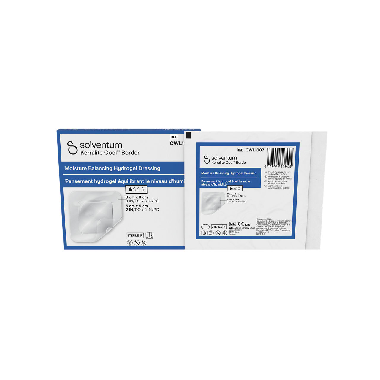 Solventum™ Kerralite Cool™ Border Moisture balancing hydrogel dressing, CWL1007, 8 cm x 8 cm (3 x 3 in), Pad - 5 cm x 5 cm, 5/CAR