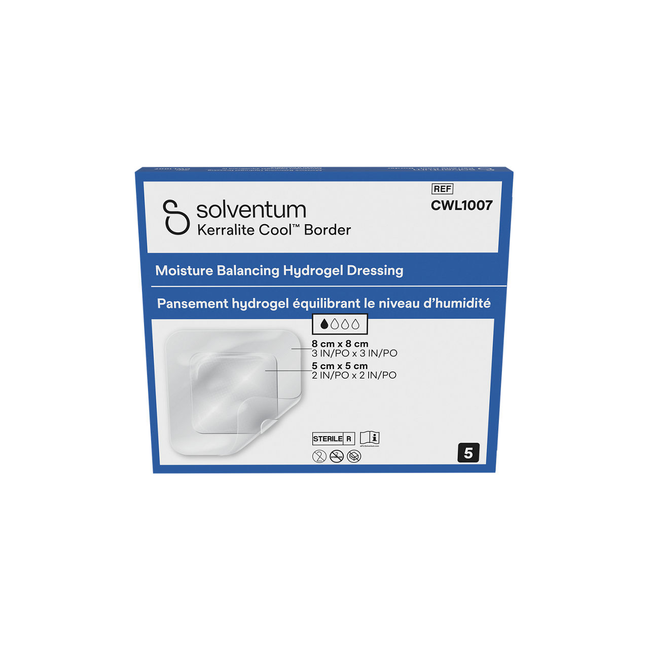 Solventum™ Kerralite Cool™ Border Moisture Balancing Hydrogel Adhesive Dressing, CWL1007, 3 in x 3 in, 5/CAR, 104 CAR/CS- Front, Center, In Packaging (1C1)