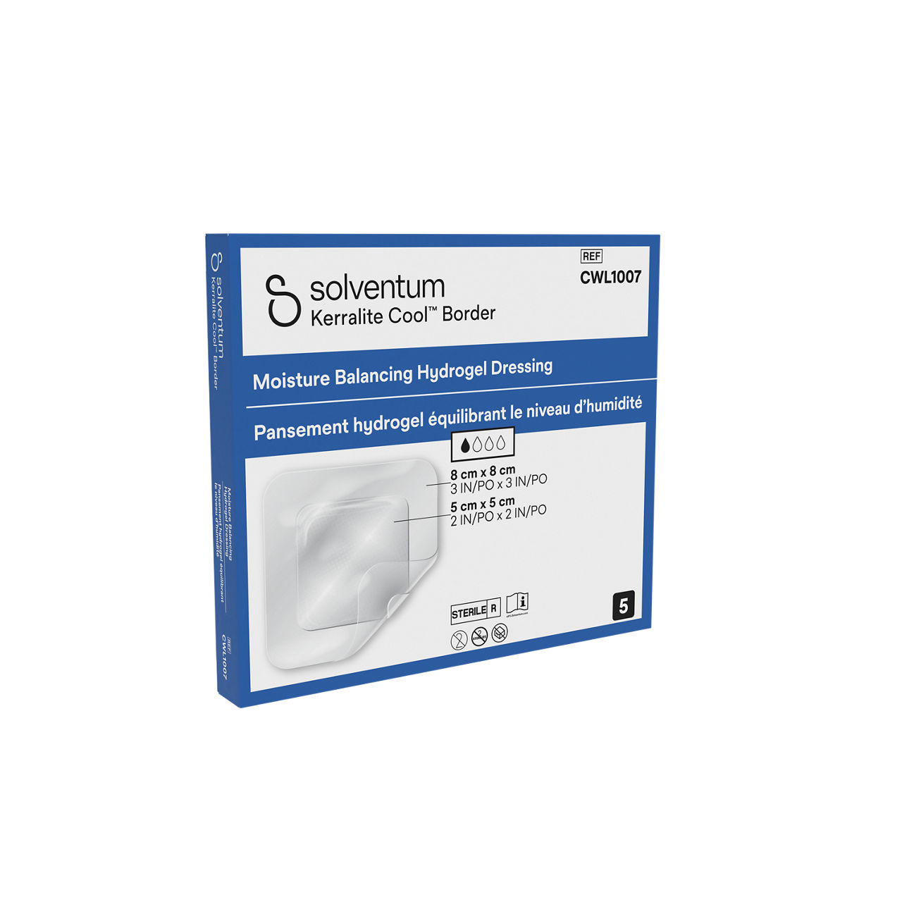 Solventum™ Kerralite Cool™ Border Moisture Balancing Hydrogel Adhesive Dressing, CWL1007, 3 in x 3 in, 5/CAR, 104 CAR/CS- Front, Left, In Packaging (1L1)