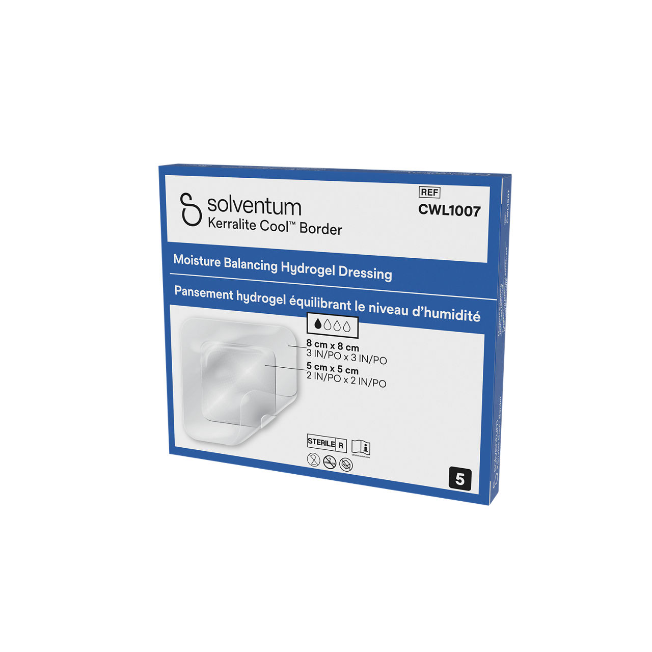 Solventum™ Kerralite Cool™ Border Moisture Balancing Hydrogel Adhesive Dressing, CWL1007, 3 in x 3 in, 5/CAR, 104 CAR/CS- Front, Right, In Packaging (1R1)