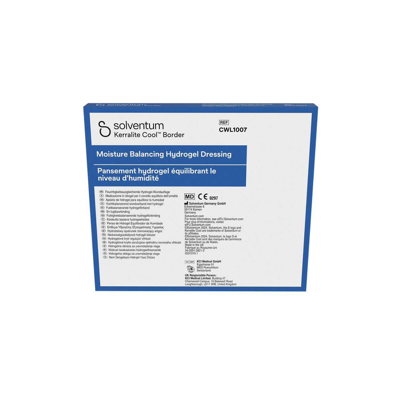Solventum™ Kerralite Cool™ Border Moisture Balancing Hydrogel Adhesive Dressing, CWL1007, 3 in x 3 in, 5/CAR, 104 CAR/CS- Back, Center, In Packaging (7C1)