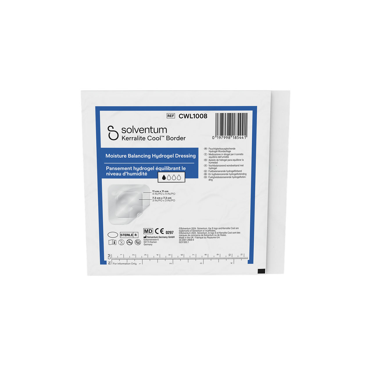 Solventum™ Kerralite Cool™ Border Moisture Balancing Hydrogel Adhesive Dressing, CWL1008, 4 x 4 in (10 x 10 cm), 5/CAR, 52 CAR/CS - Front, Center, Out of Packaging (1C0)