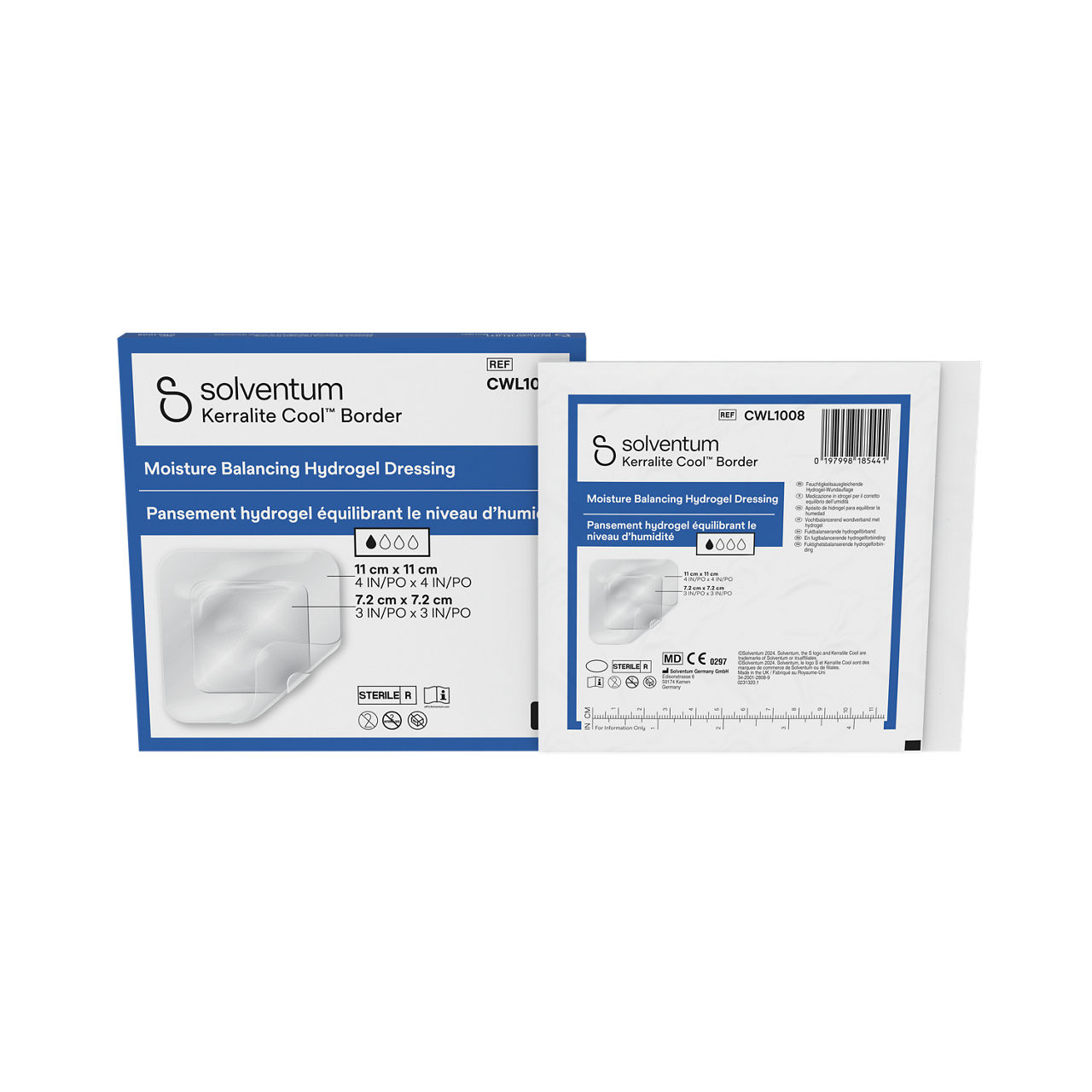 Solventum™ Kerralite Cool™ Border Moisture balancing hydrogel dressing, CWL1008, 11 x 11 cm (4 x 4 in), Pad - 7,2 x 7,2 cm, 5/CAR