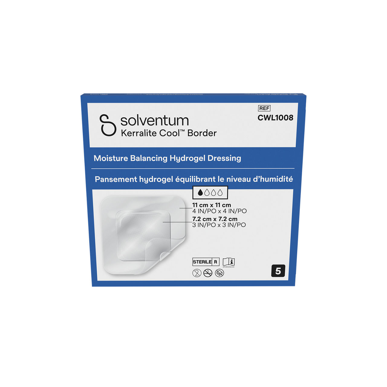 Solventum™ Kerralite Cool™ Border Moisture Balancing Hydrogel Adhesive Dressing, CWL1008, 4 x 4 in (10 x 10 cm), 5/CAR, 52 CAR/CS - Front, Center, In Packaging (1C1)