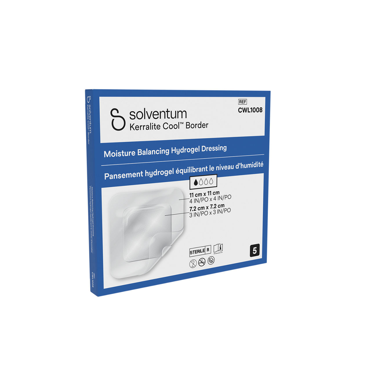 Solventum™ Kerralite Cool™ Border Moisture Balancing Hydrogel Adhesive Dressing, CWL1008, 4 x 4 in (10 x 10 cm), 5/CAR, 52 CAR/CS - Front, Left, In Packaging (1L1)