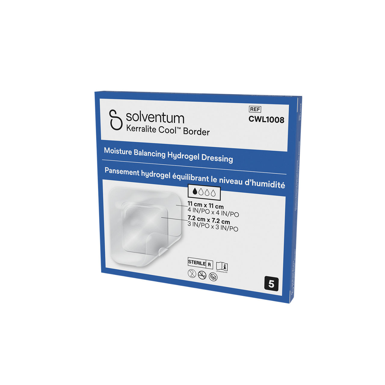 Solventum™ Kerralite Cool™ Border Moisture Balancing Hydrogel Adhesive Dressing, CWL1008, 4 x 4 in (10 x 10 cm), 5/CAR, 52 CAR/CS - Front, Right, In Packaging (1R1)