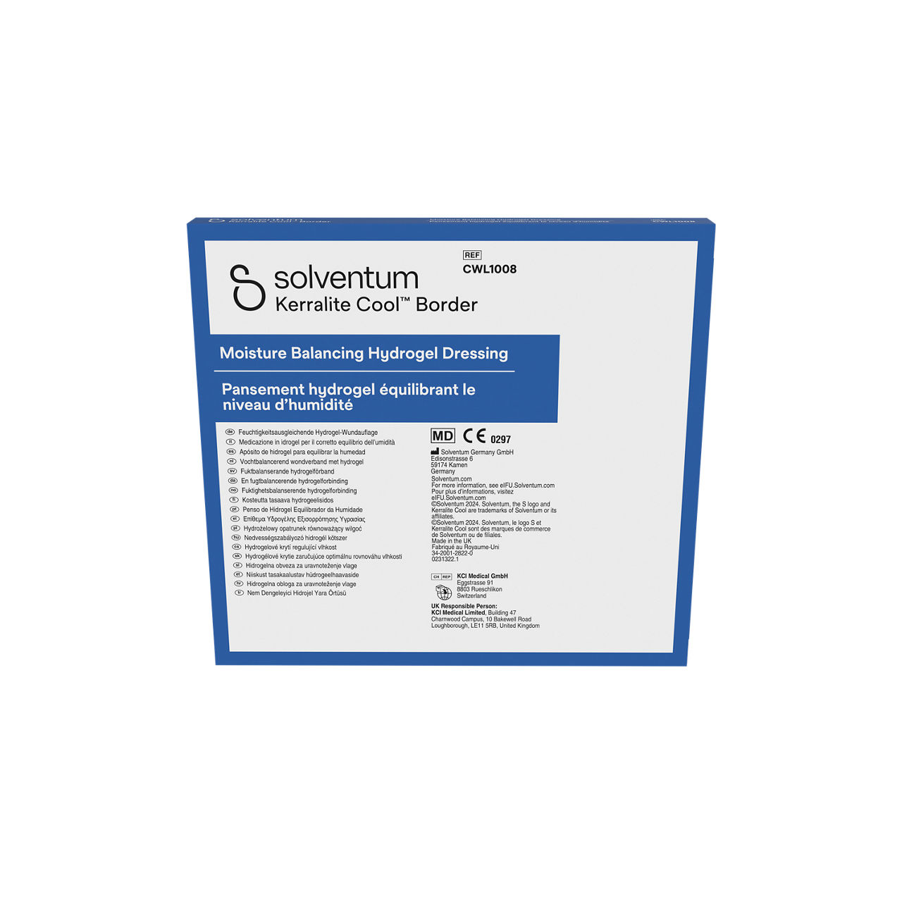 Solventum™ Kerralite Cool™ Border Moisture Balancing Hydrogel Adhesive Dressing, CWL1008, 4 x 4 in (10 x 10 cm), 5/CAR, 52 CAR/CS - Back, Center, In Packaging (7C1)