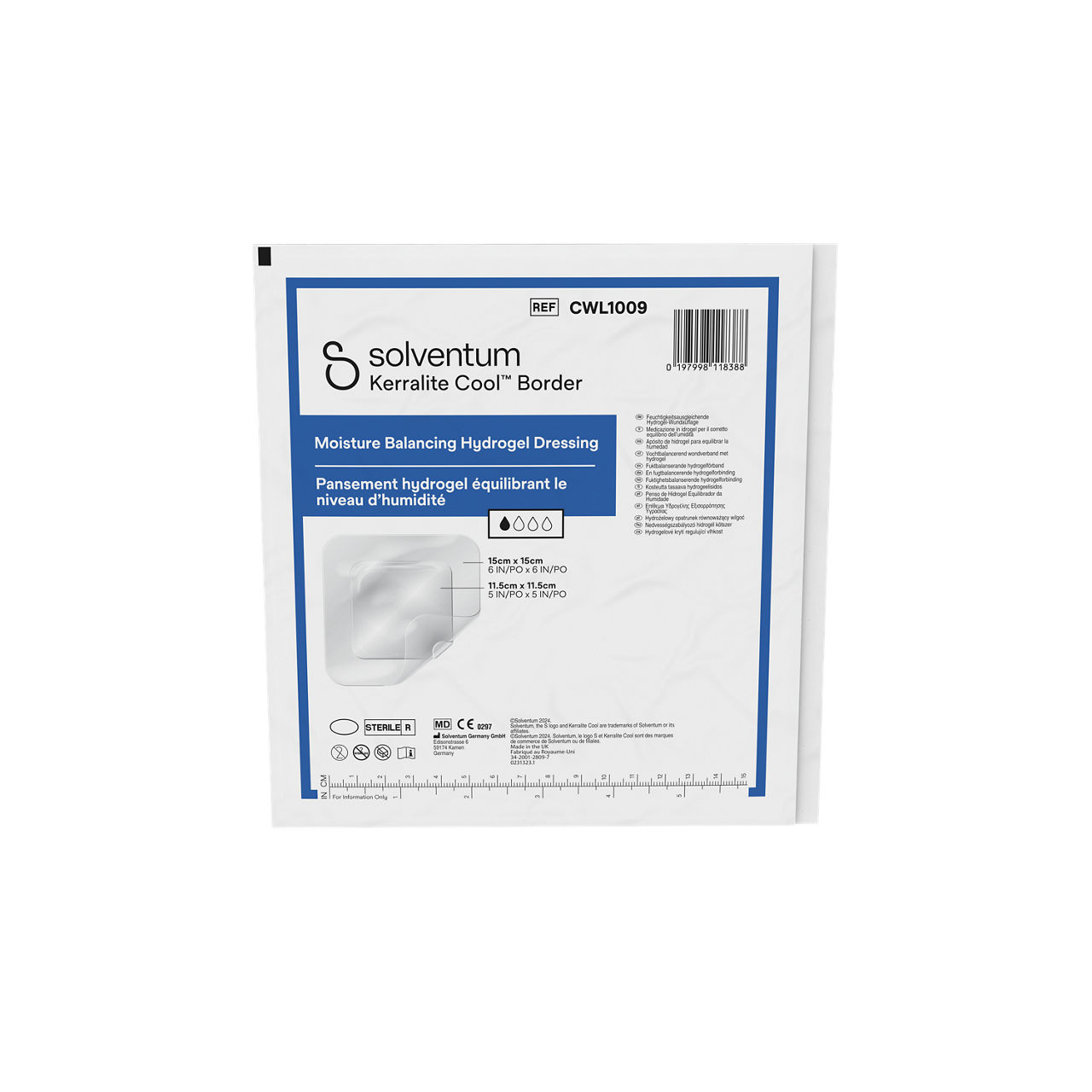 Solventum™ Kerralite Cool™ Border Moisture Balancing Hydrogel Adhesive Dressing, CWL1009, 6 x 6 in (15 x 15 cm), 5/CAR, 32 CAR/CS - Front, Center, Out of Packaging (1C0)