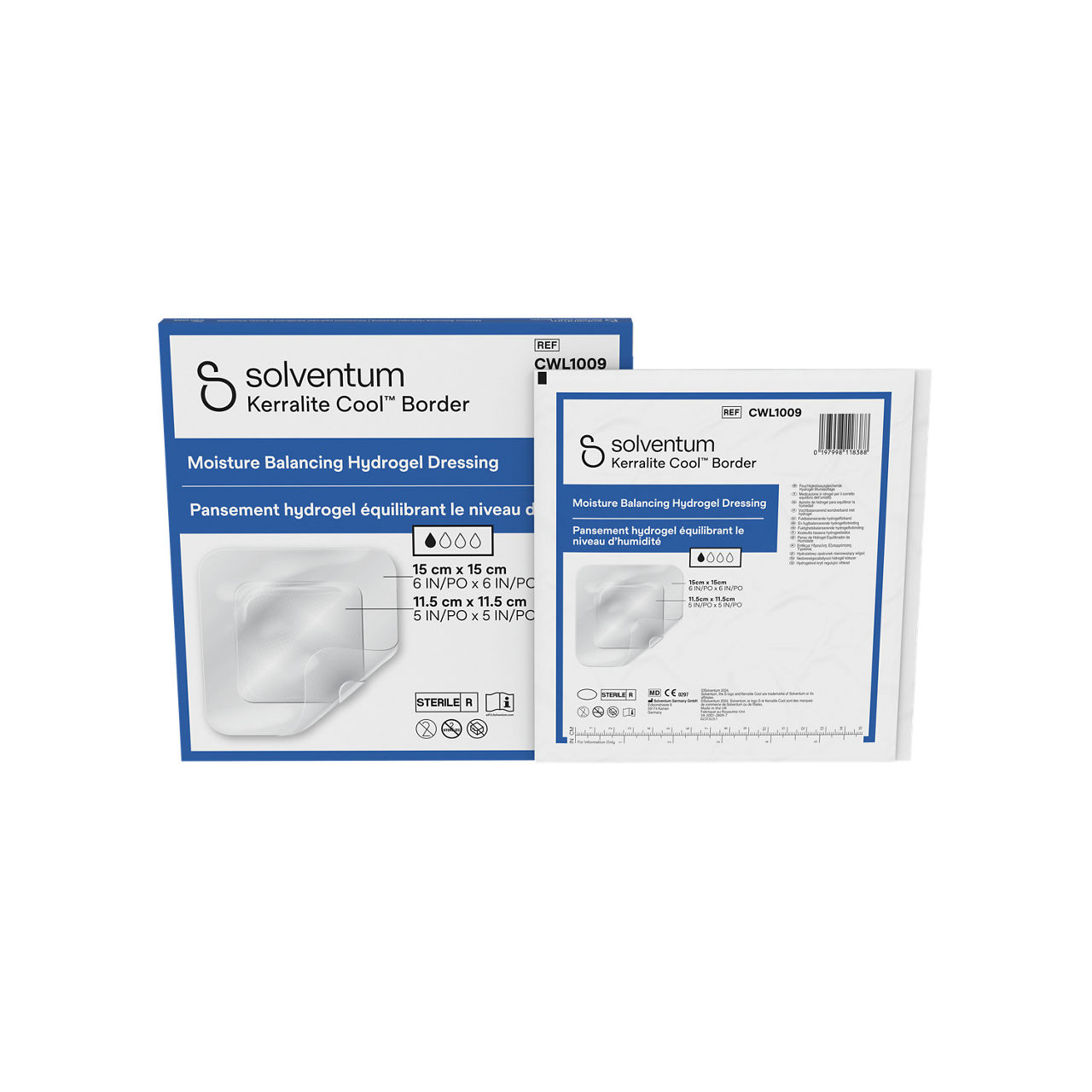Solventum™ Kerralite Cool™ Border Moisture balancing hydrogel dressing, CWL1009, 15 cm x 15 cm, Pad - 11,5 cm x 11,5 cm, 5/CAR