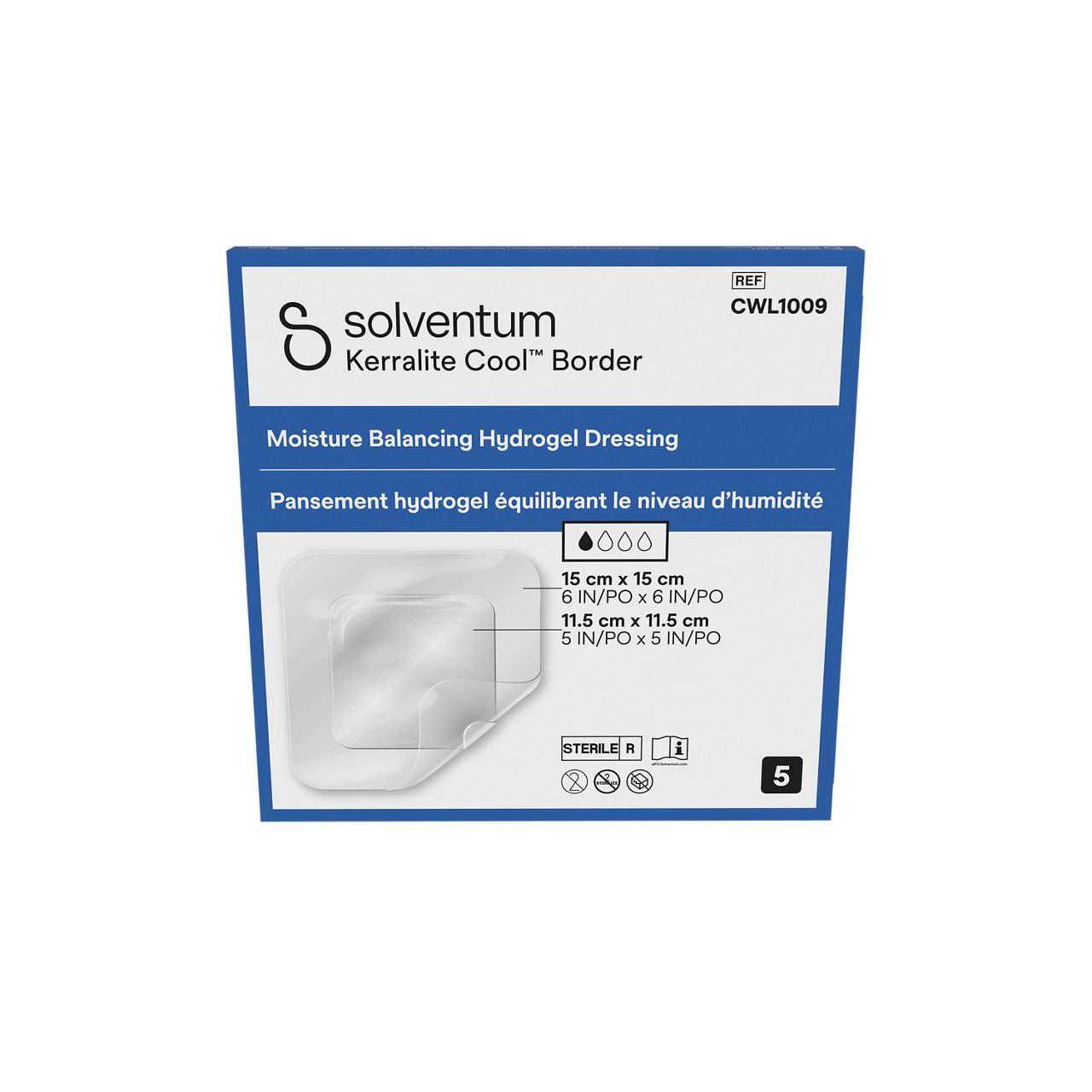 Solventum™ Kerralite Cool™ Border Moisture Balancing Hydrogel Adhesive Dressing, CWL1009, 6 x 6 in (15 x 15 cm), 5/CAR, 32 CAR/CS - Front, Center, In Packaging (1C1)