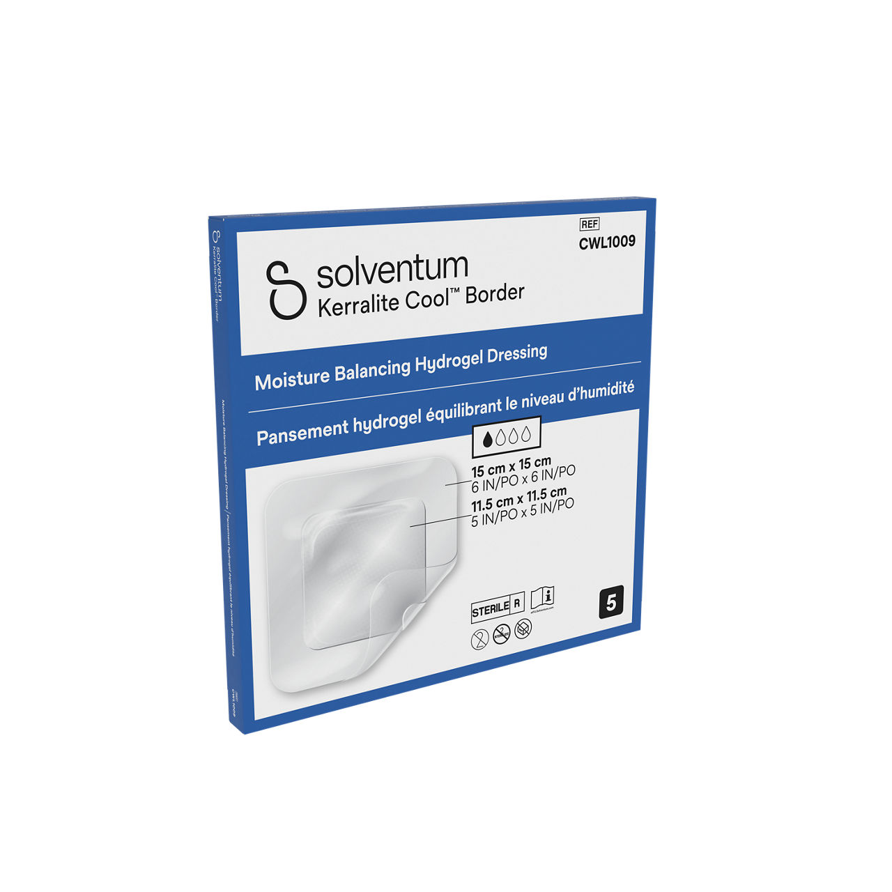 Solventum™ Kerralite Cool™ Border Moisture Balancing Hydrogel Adhesive Dressing, CWL1009, 6 x 6 in (15 x 15 cm), 5/CAR, 32 CAR/CS - Front, Left, In Packaging (1L1)