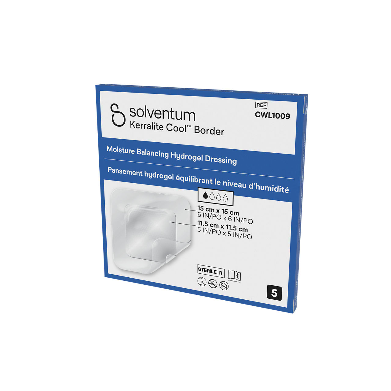 Solventum™ Kerralite Cool™ Border Moisture Balancing Hydrogel Adhesive Dressing, CWL1009, 6 x 6 in (15 x 15 cm), 5/CAR, 32 CAR/CS - Front, Right, In Packaging (1R1)