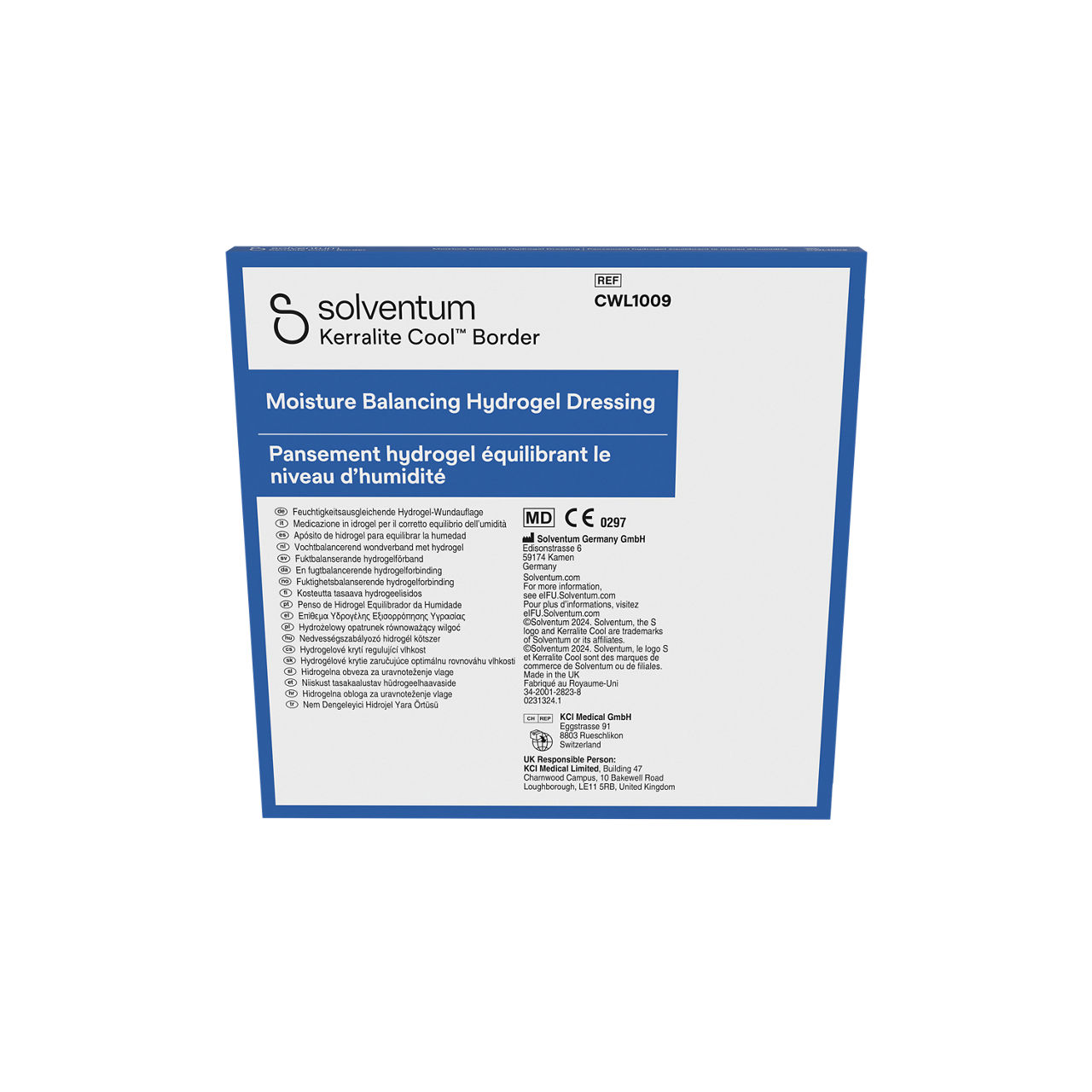 Solventum™ Kerralite Cool™ Border Moisture Balancing Hydrogel Adhesive Dressing, CWL1009, 6 x 6 in (15 x 15 cm), 5/CAR, 32 CAR/CS - Back, Center, In Packaging (7C1)