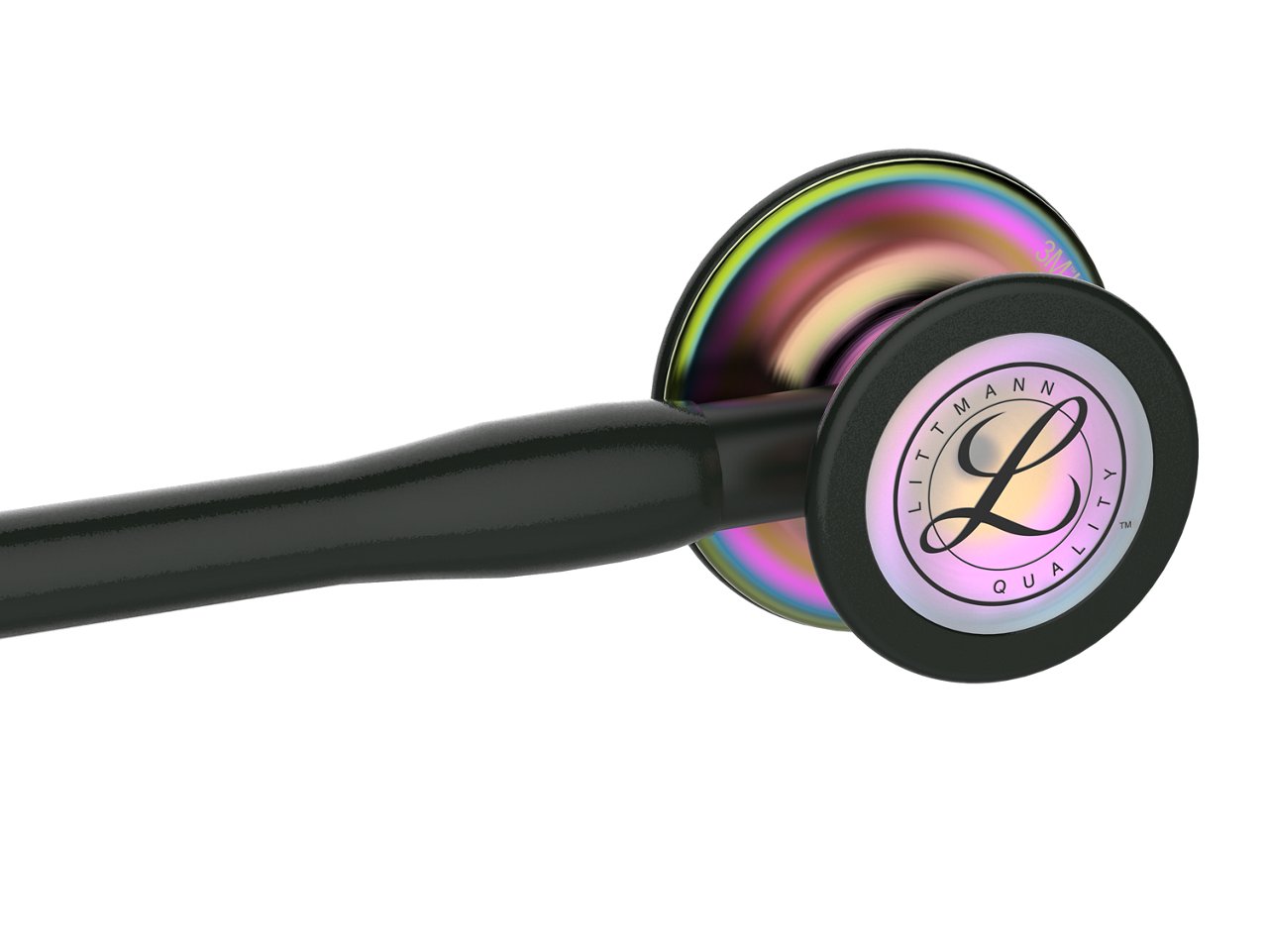 3M™ Littmann® 心臟病學 IV™ 聽診器，彩虹色胸件，黑色管，柄和耳機，27 英寸，6165，斜視圖