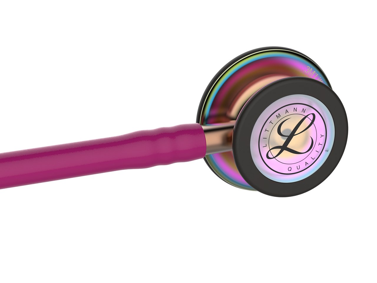 3M™ Littmann® Classic III™ Stethoscope, Rainbow Finish, Raspberry Tubing, 27 Inch, 5806, Angled View