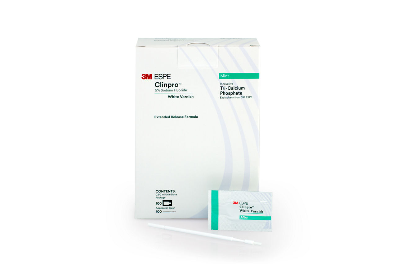 White Varnish 3M™ Clinpro™ con Fluoruro de Sodio al 5% 3M™ 12246, con Fosfato Tricálcico (TCP), Sabor Menta, paq. de 100