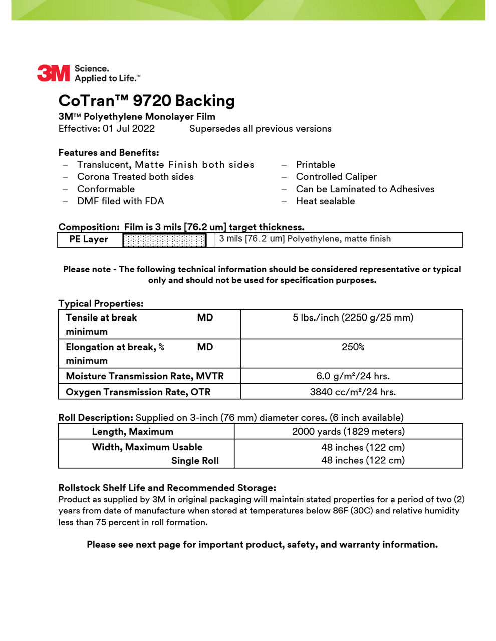 3M™ Polyethylene Backing Film 9720, Technical Information Sheet