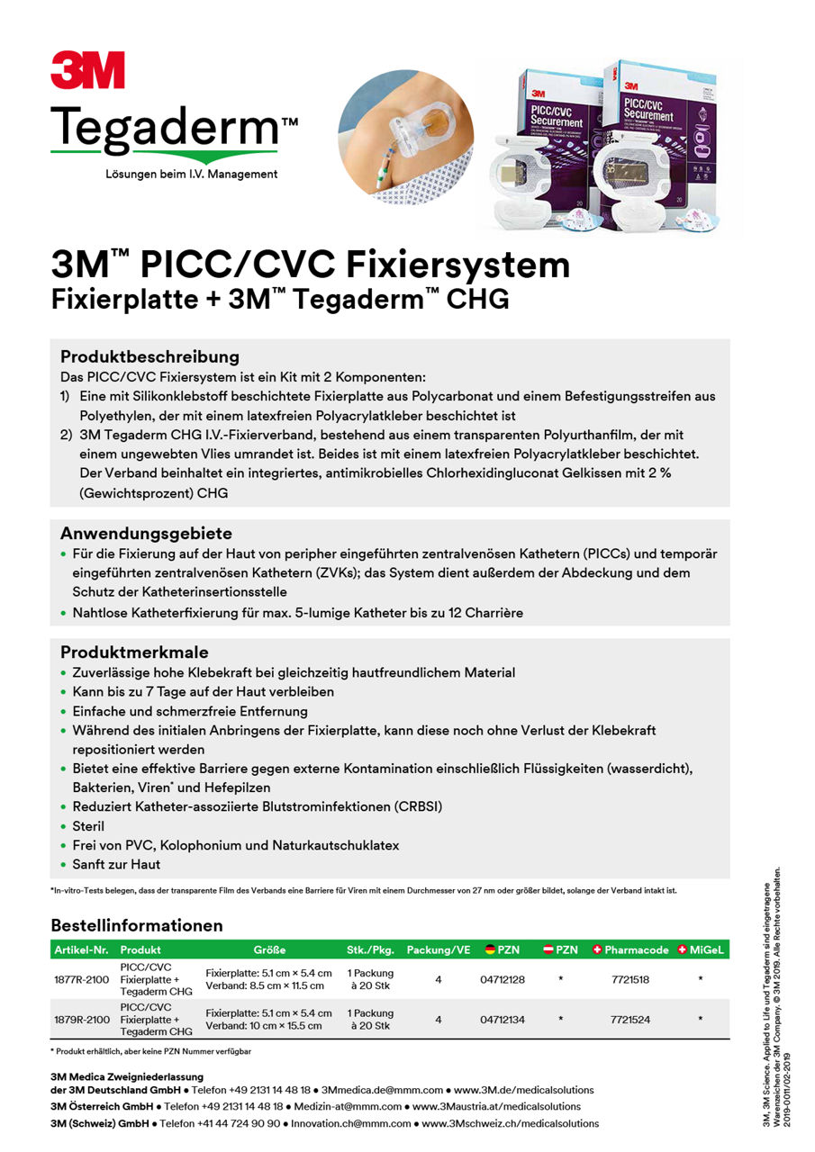 3M™ PICC/CVC Fixiersystem Fixierplatte + 3M™ Tegaderm™ CHG Produktbeschreibung