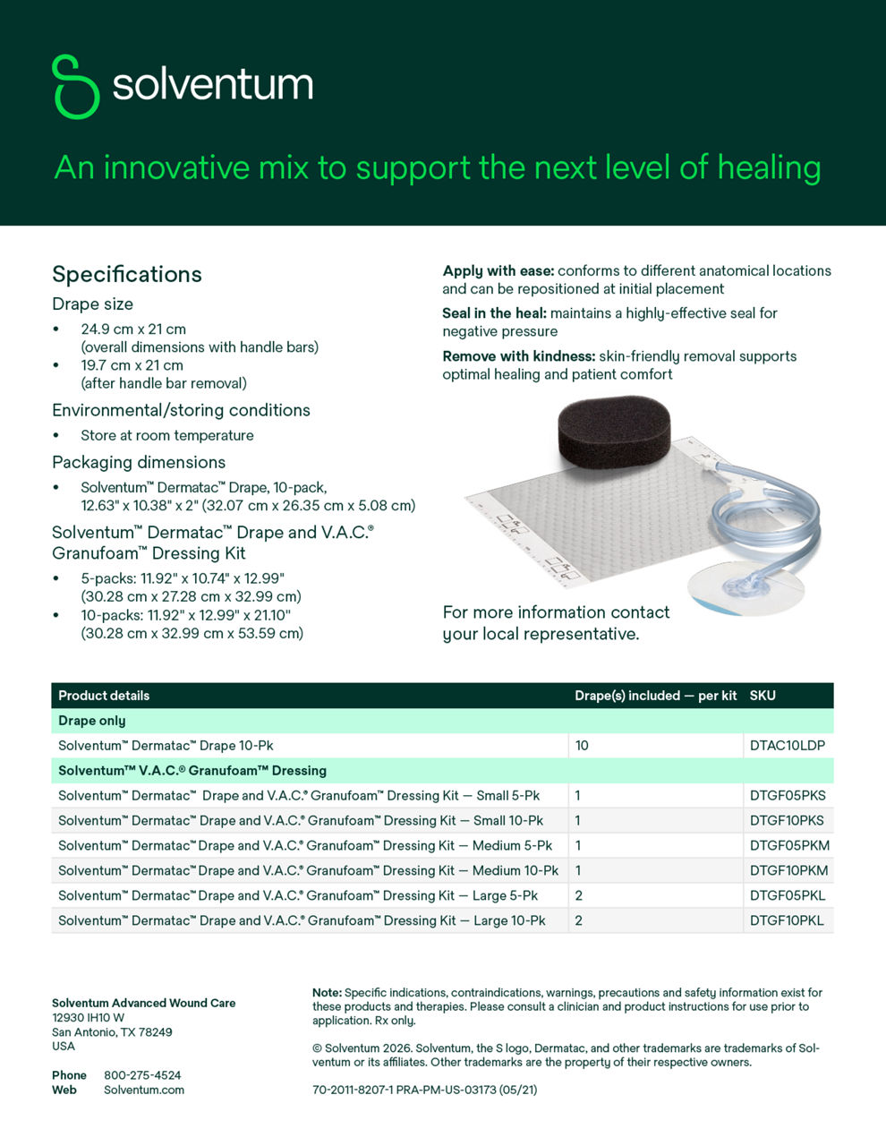 Solventum™ Dermatac™ Drape and V.A.C.® Granufoam™ Dressing Kit Spec Sheet