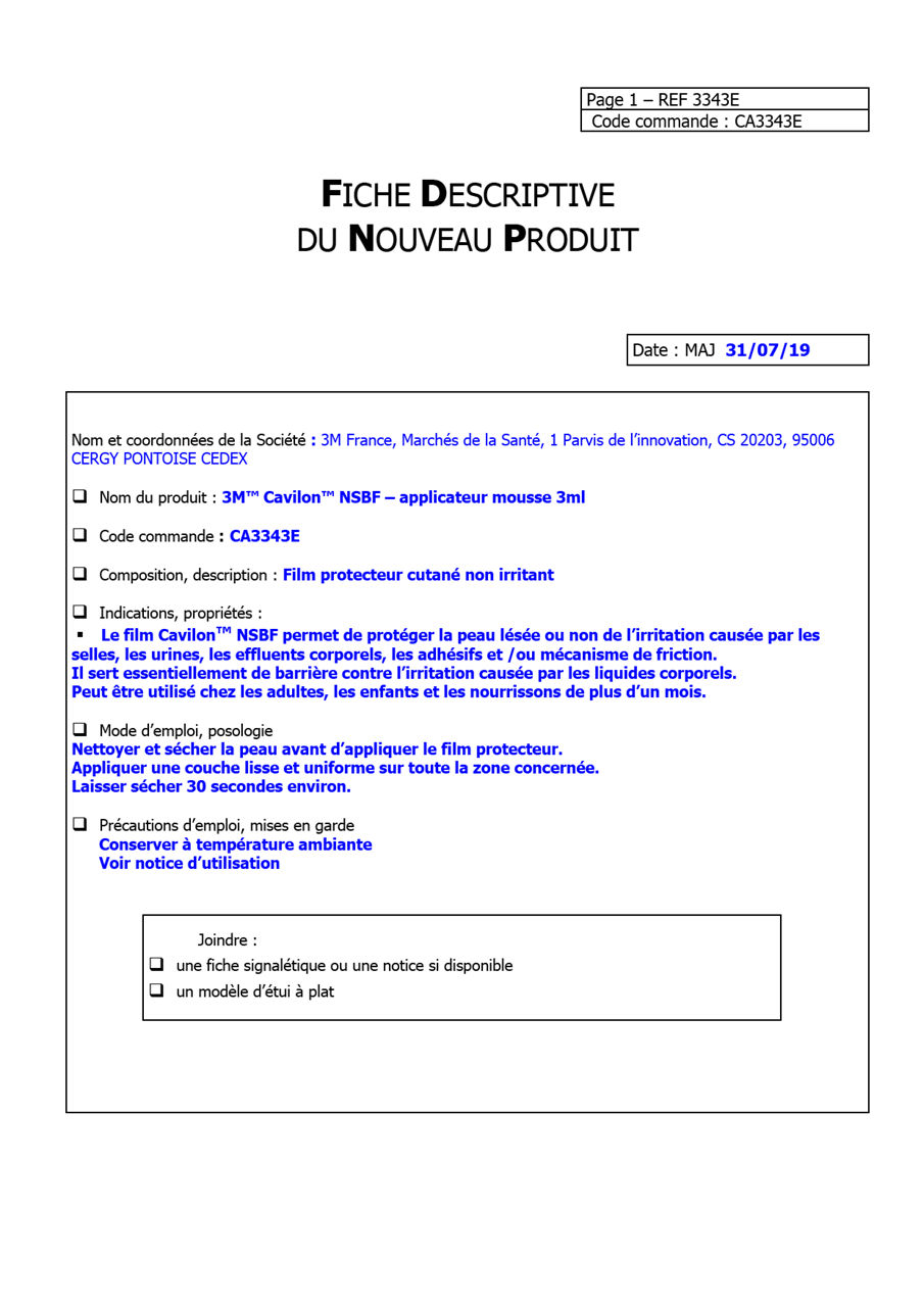 3M™ Cavilon™ NSBF,applicateur-mousse, 3343E, CA3343E, Fiche Logistique