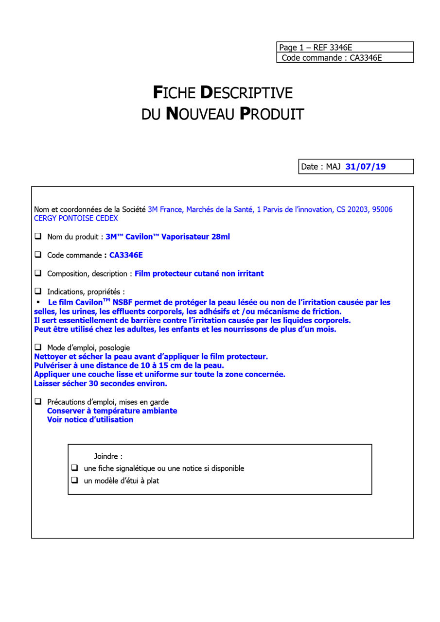 3M™ Cavilon™ NSBF,Flacon, vaporisateur,3346E, CA3346E, Fiche Logistique